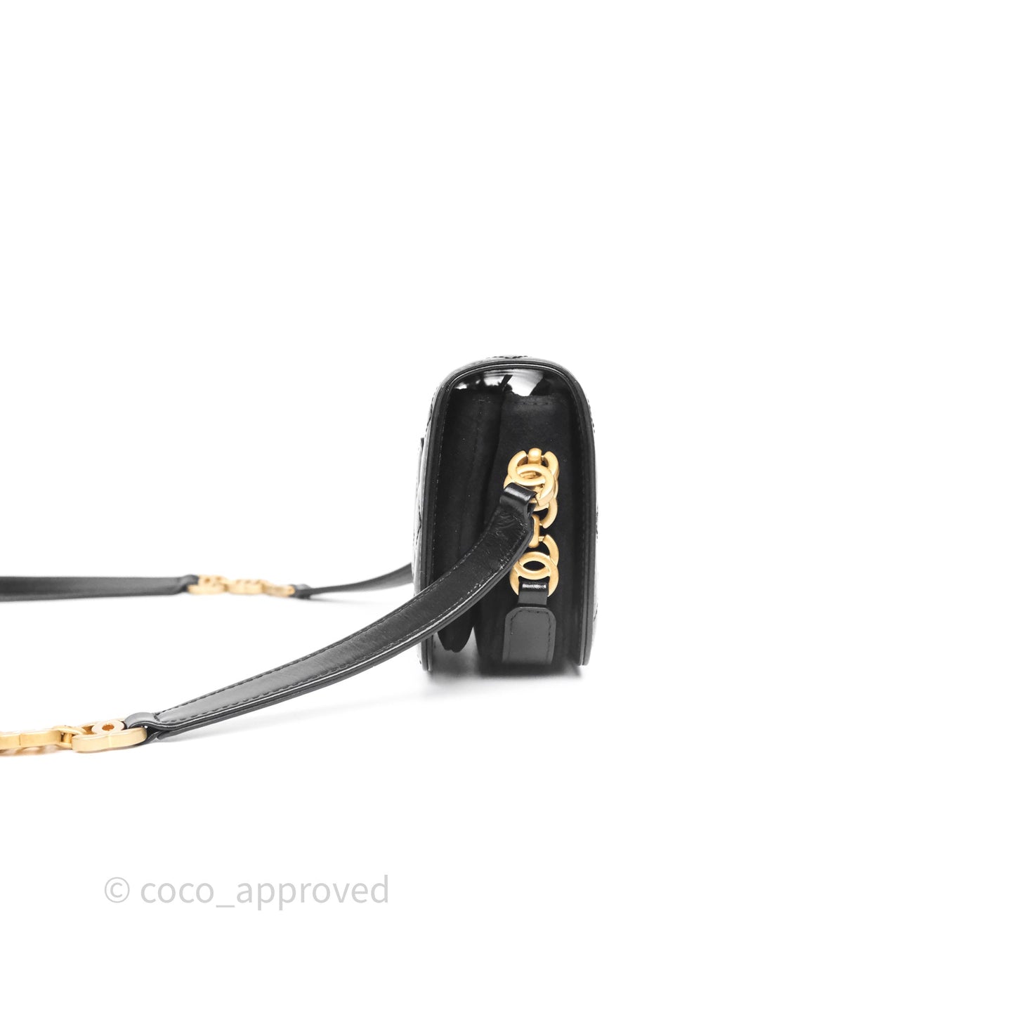 Chanel Quilted Mini Messenger with CC Logo Strap Black Shiny Calfskin/ Suede Goatskin Aged Gold Hardware