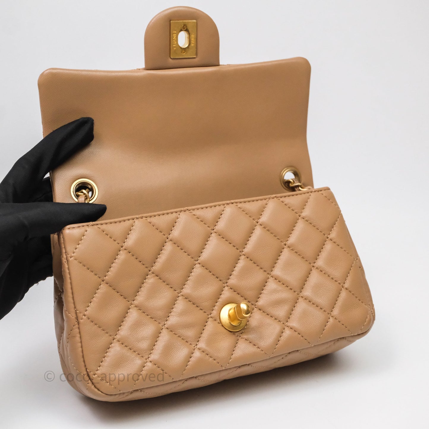 Chanel Mini Rectangular Pearl Crush Quilted Dark Beige Lambskin Aged Gold Hardware