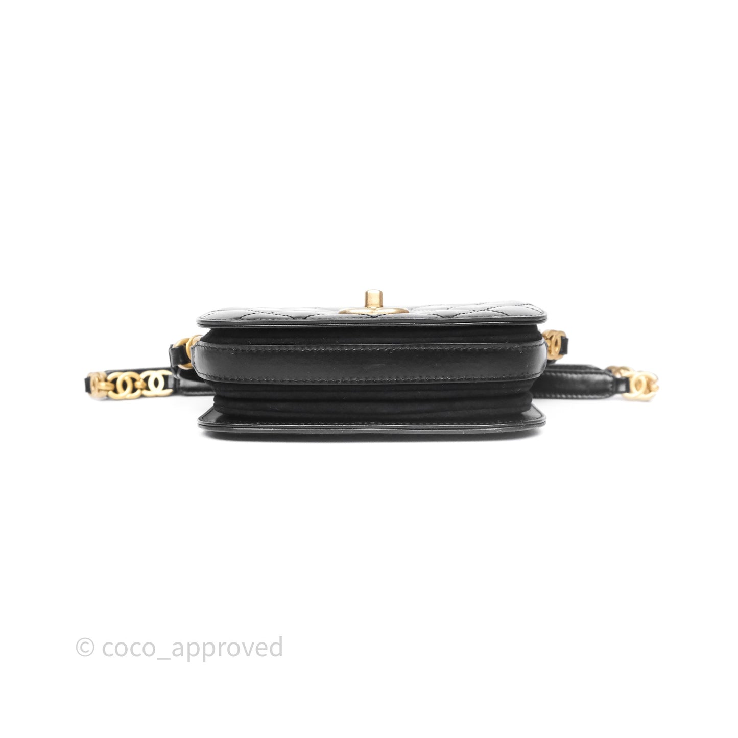 Chanel Quilted Mini Messenger with CC Logo Strap Black Shiny Calfskin/ Suede Goatskin Aged Gold Hardware