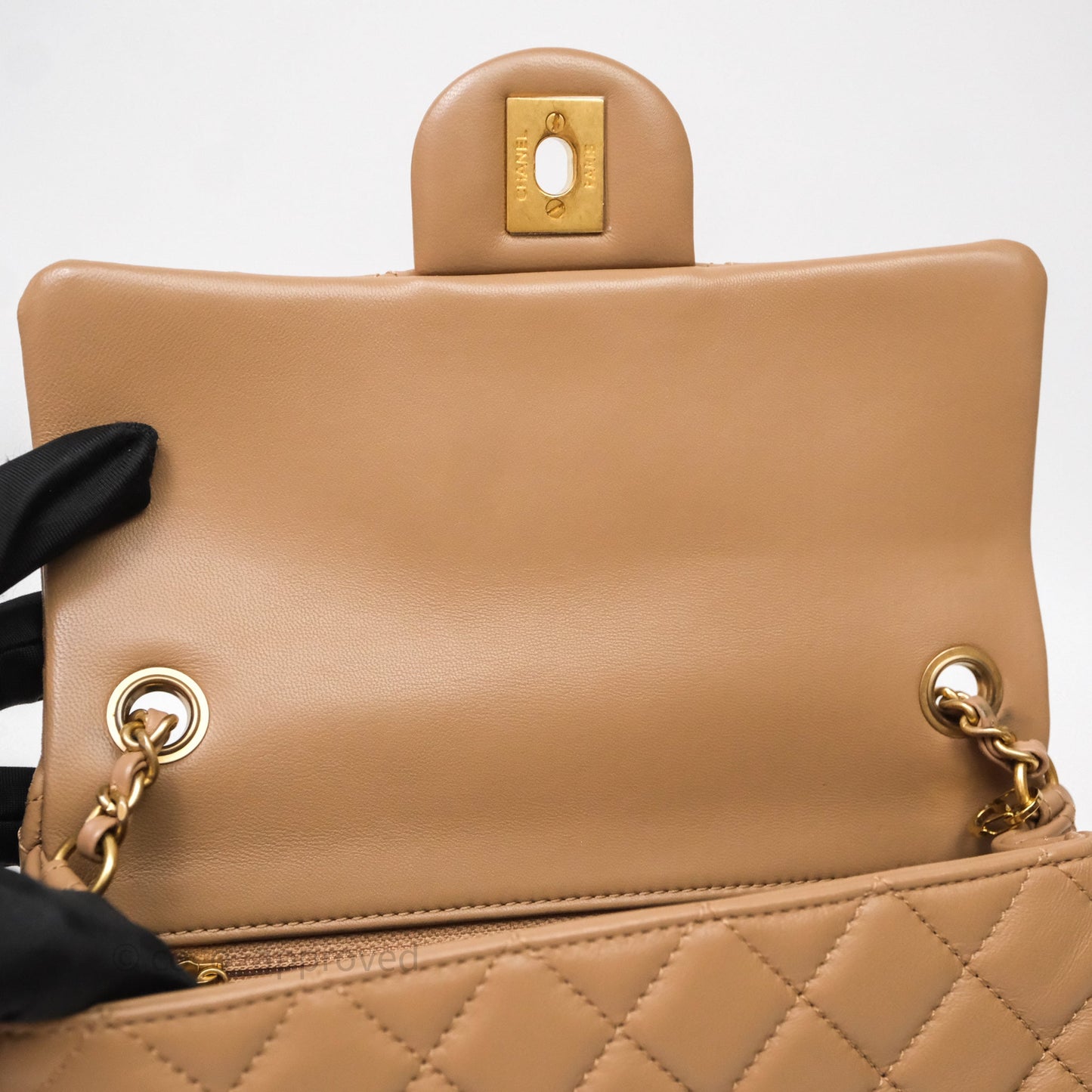 Chanel Mini Rectangular Pearl Crush Quilted Dark Beige Lambskin Aged Gold Hardware