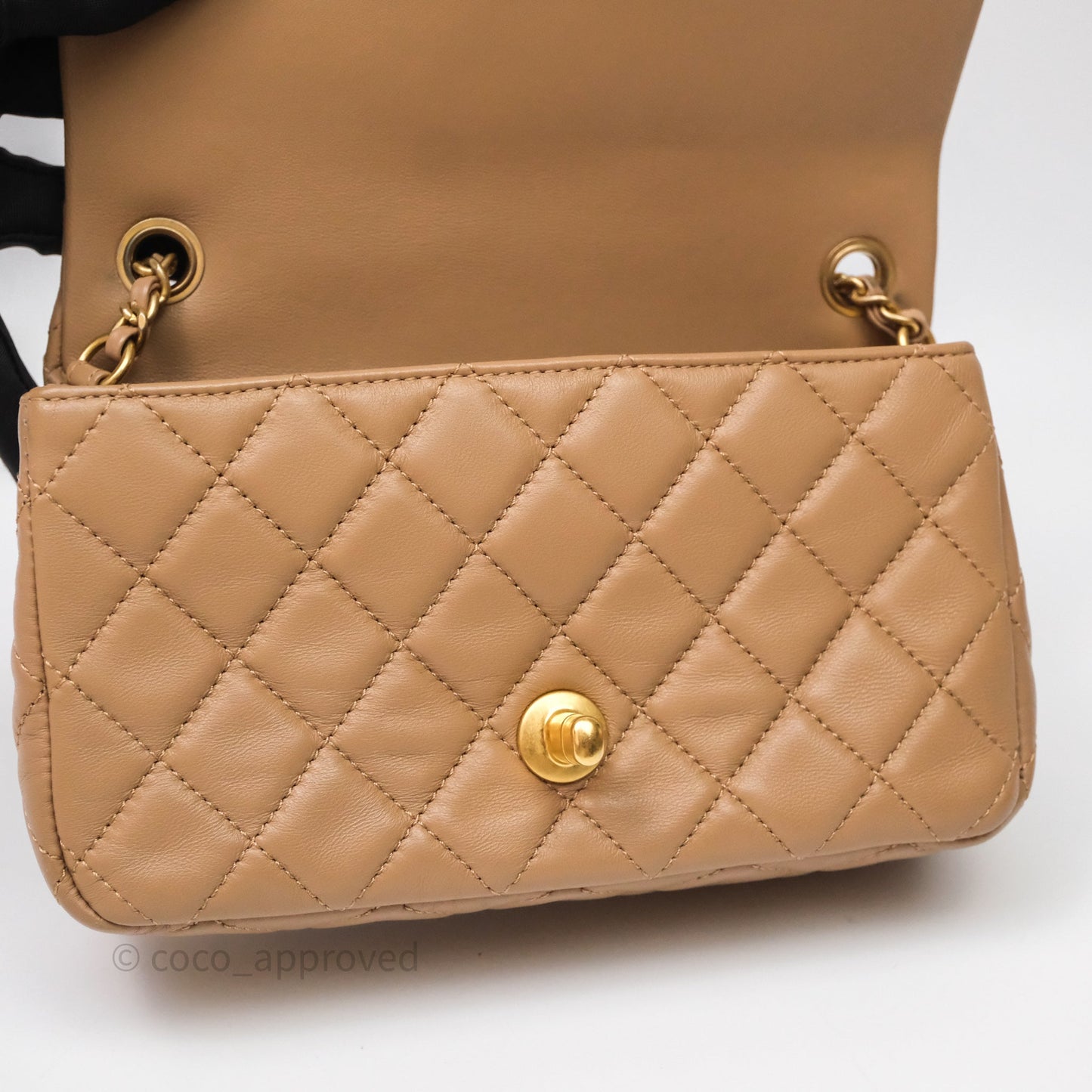 Chanel Mini Rectangular Pearl Crush Quilted Dark Beige Lambskin Aged Gold Hardware