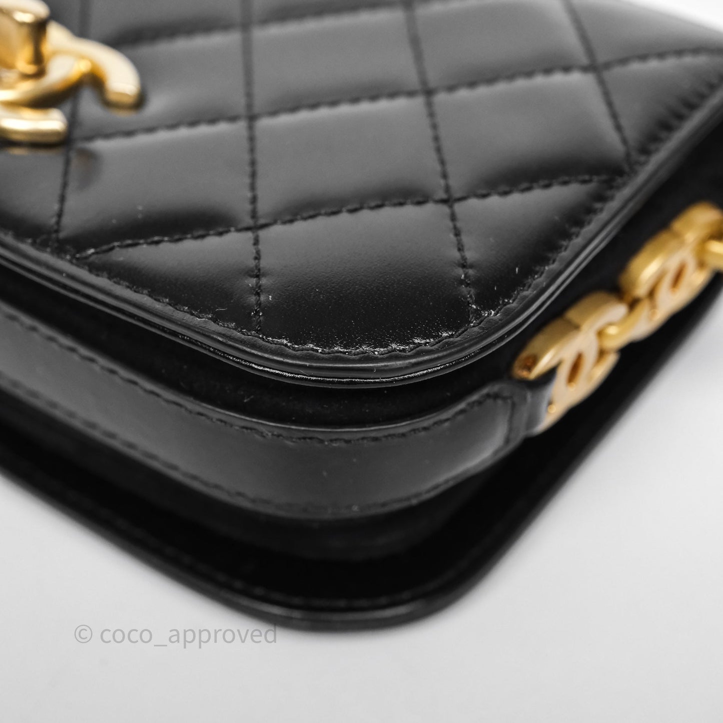 Chanel Quilted Mini Messenger with CC Logo Strap Black Shiny Calfskin/ Suede Goatskin Aged Gold Hardware