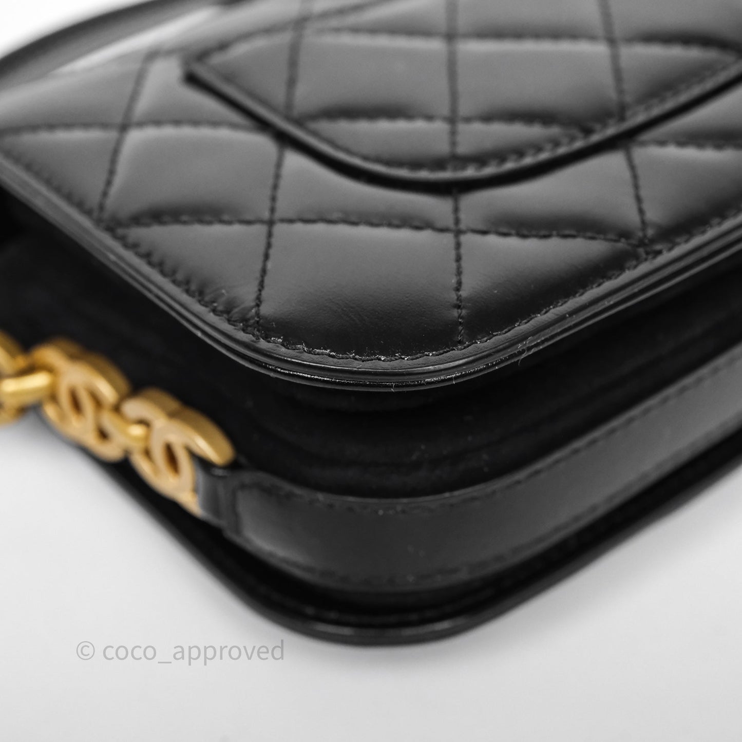 Chanel Quilted Mini Messenger with CC Logo Strap Black Shiny Calfskin/ Suede Goatskin Aged Gold Hardware