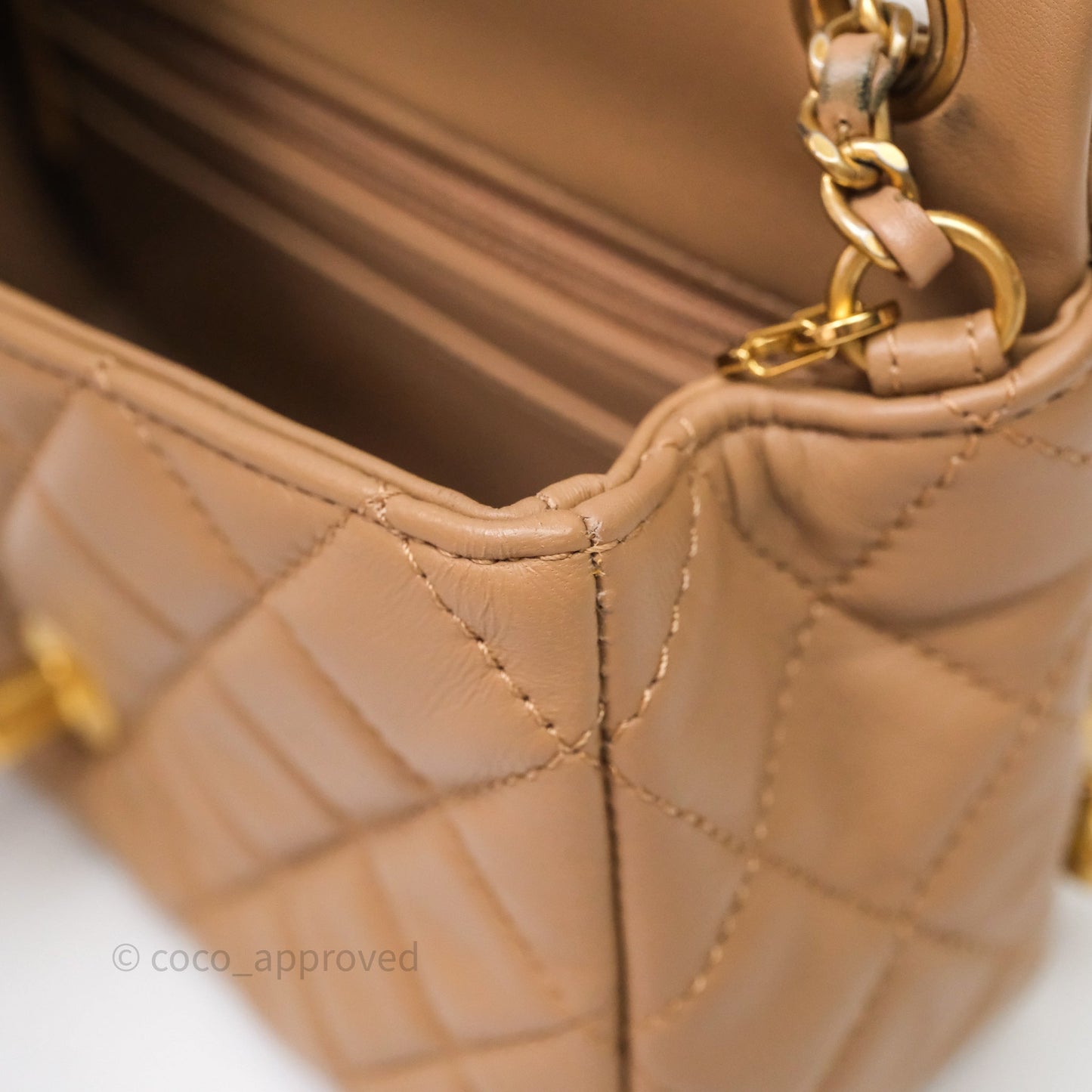 Chanel Mini Rectangular Pearl Crush Quilted Dark Beige Lambskin Aged Gold Hardware