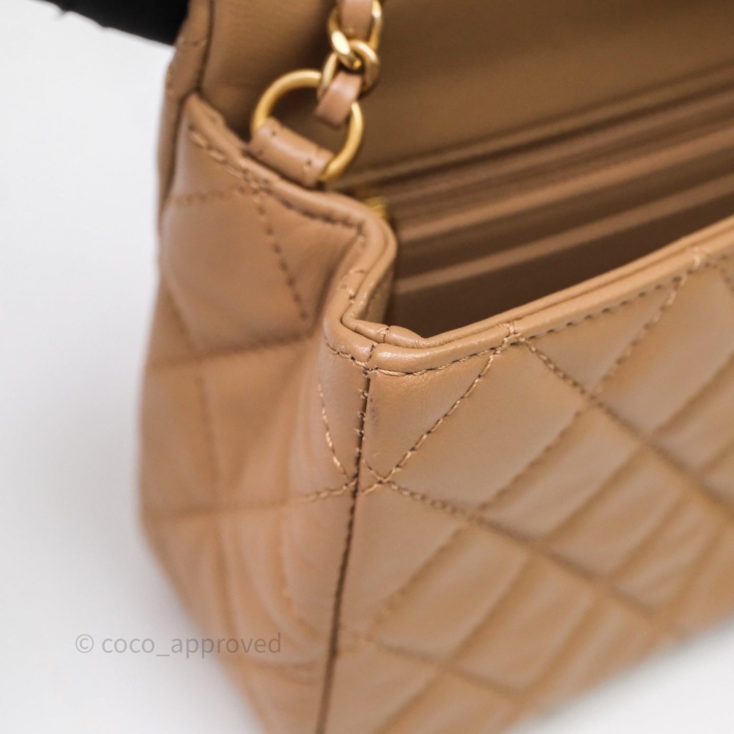 Chanel Mini Rectangular Pearl Crush Quilted Dark Beige Lambskin Aged Gold Hardware