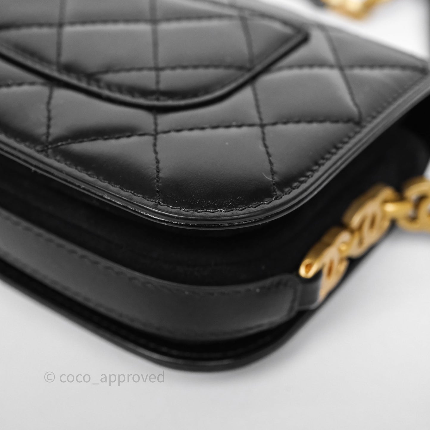 Chanel Quilted Mini Messenger with CC Logo Strap Black Shiny Calfskin/ Suede Goatskin Aged Gold Hardware