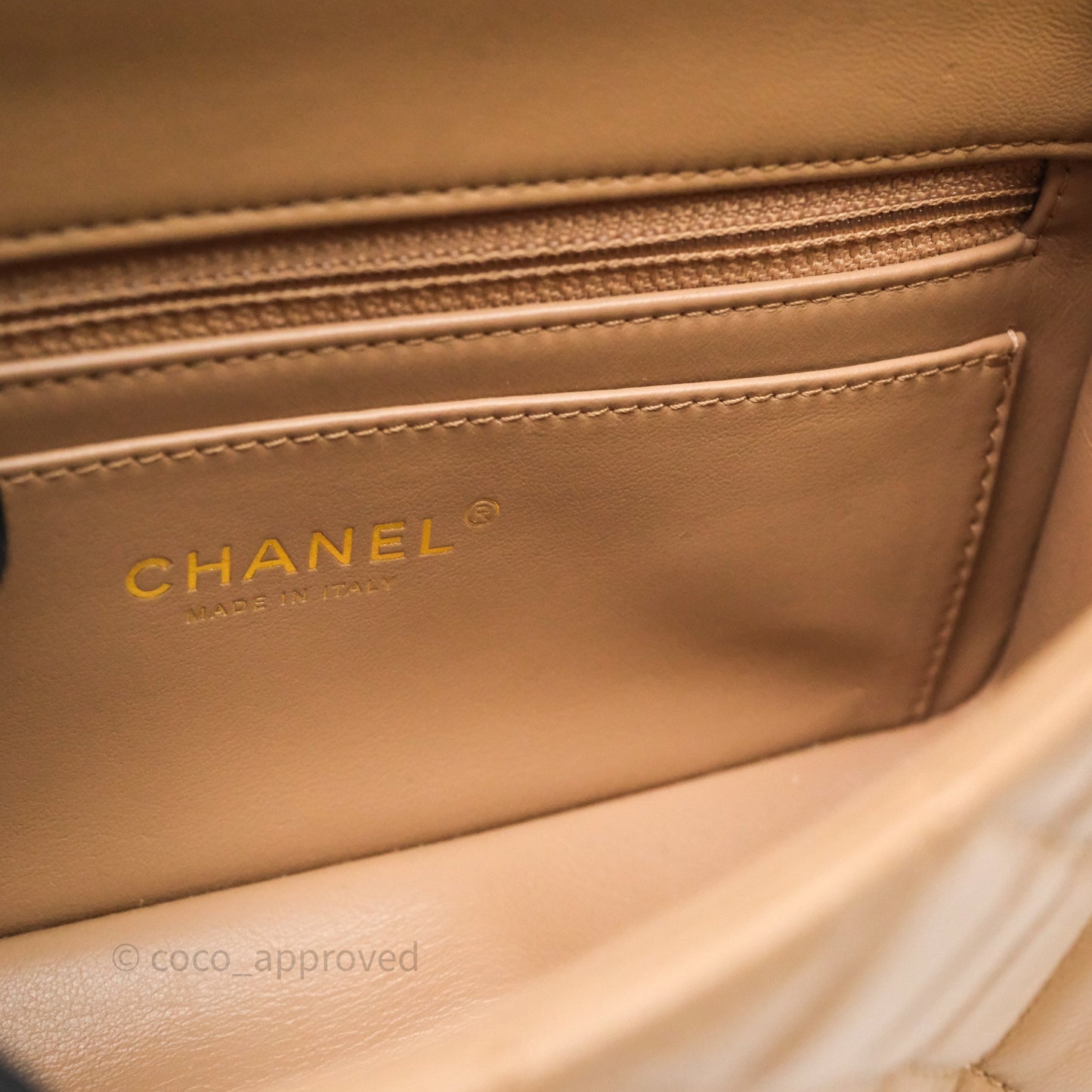 Chanel Mini Rectangular Pearl Crush Quilted Dark Beige Lambskin Aged Gold Hardware