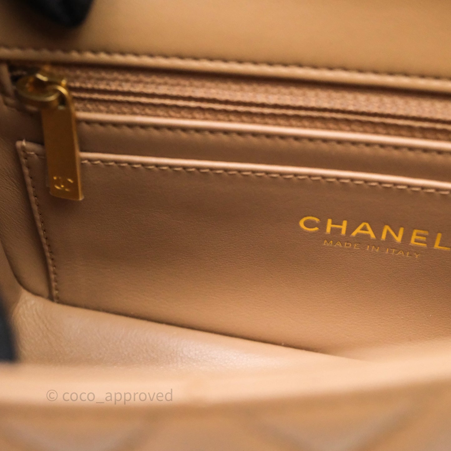 Chanel Mini Rectangular Pearl Crush Quilted Dark Beige Lambskin Aged Gold Hardware