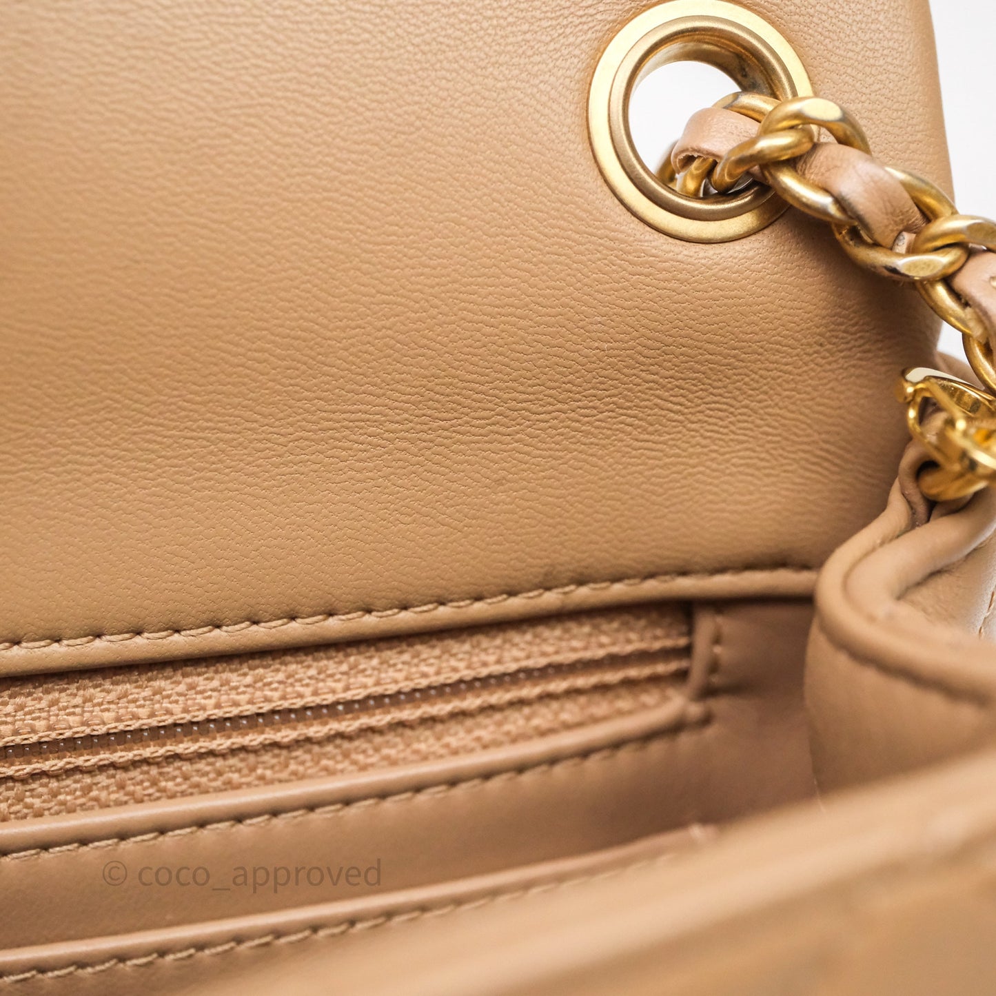 Chanel Mini Rectangular Pearl Crush Quilted Dark Beige Lambskin Aged Gold Hardware