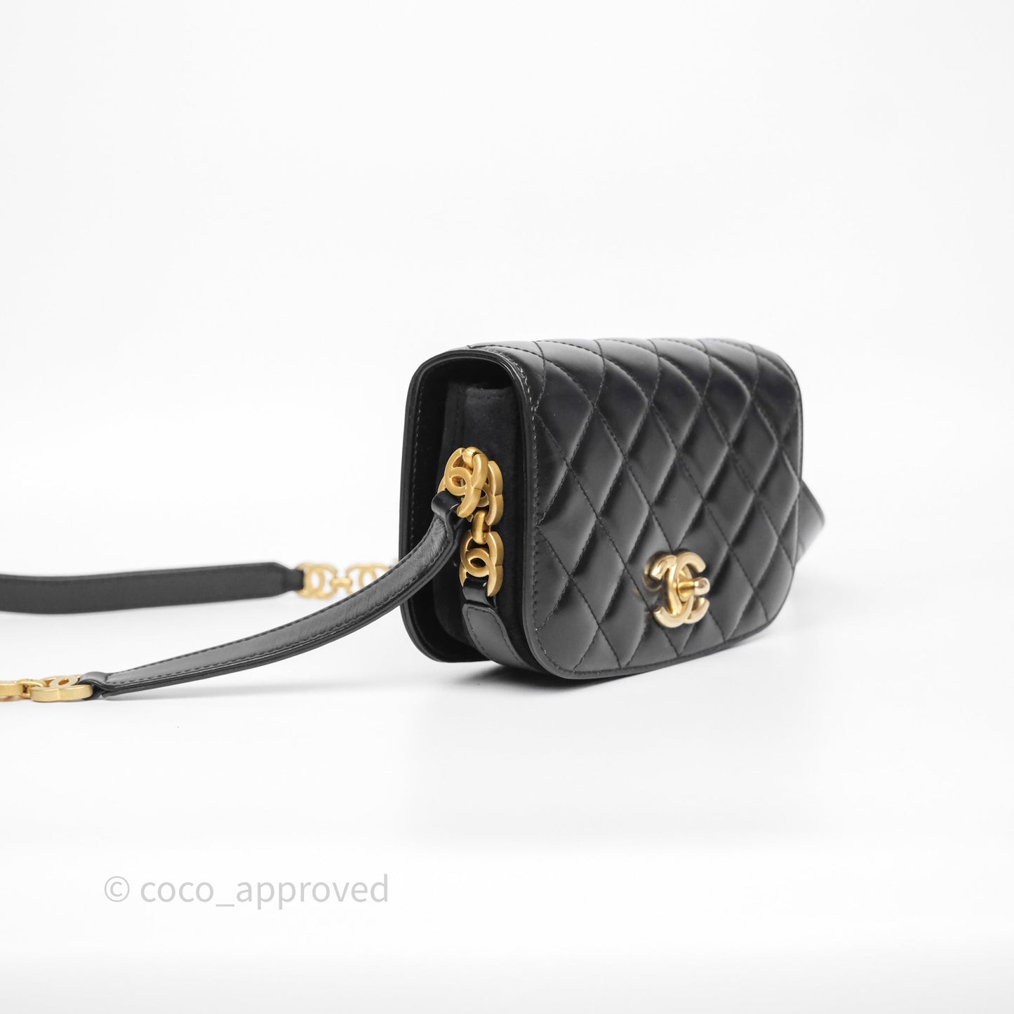 Chanel Quilted Mini Messenger with CC Logo Strap Black Shiny Calfskin/ Suede Goatskin Aged Gold Hardware