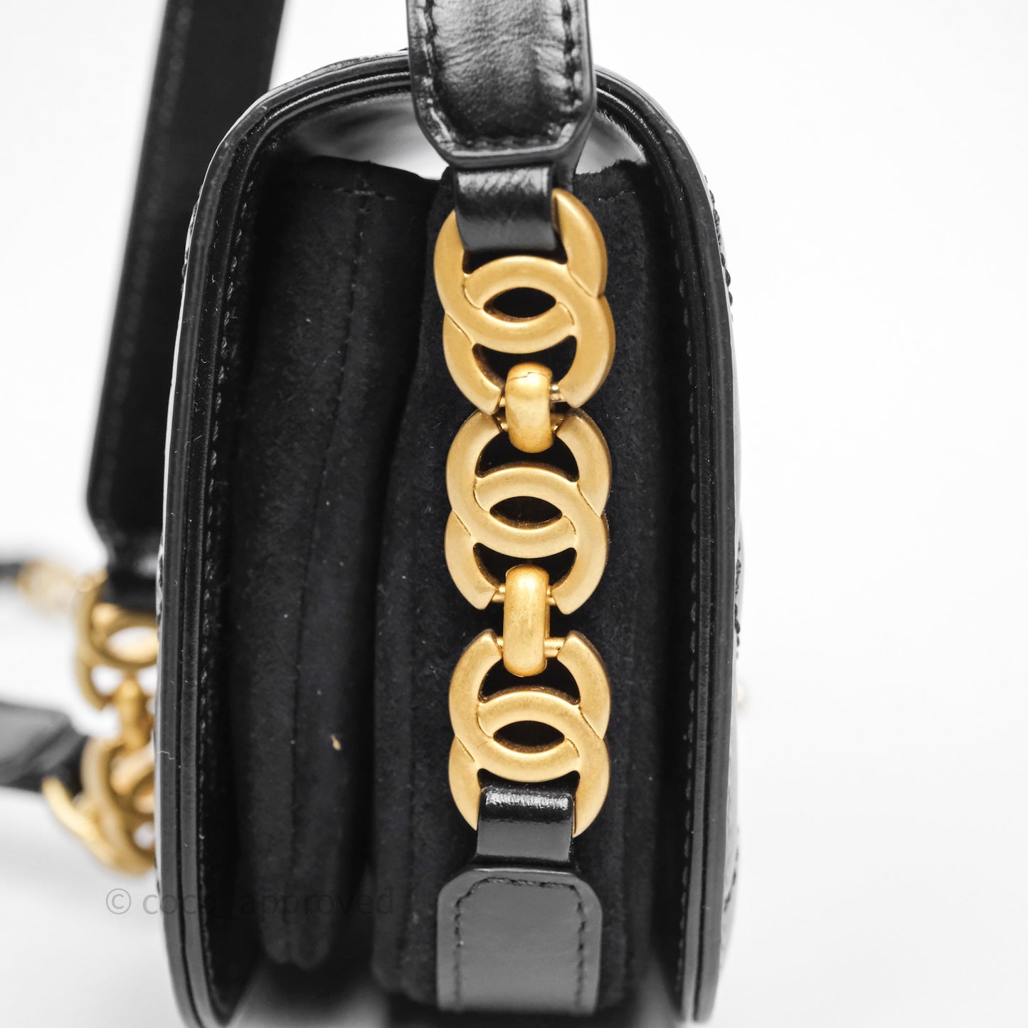Chanel Quilted Mini Messenger with CC Logo Strap Black Shiny Calfskin/ Suede Goatskin Aged Gold Hardware
