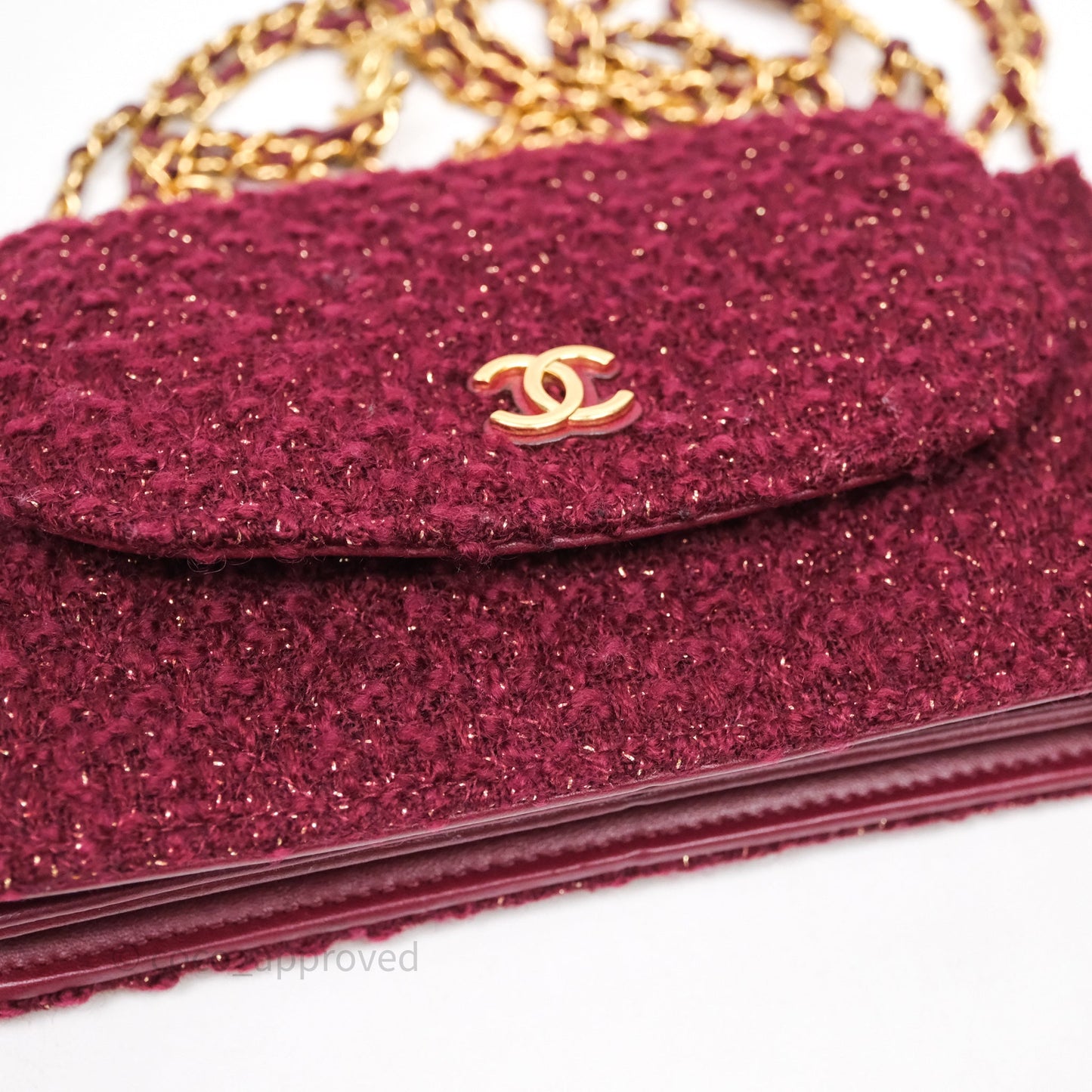 Chanel Clutch With Chain Red Tweed Aged Gold Hardware