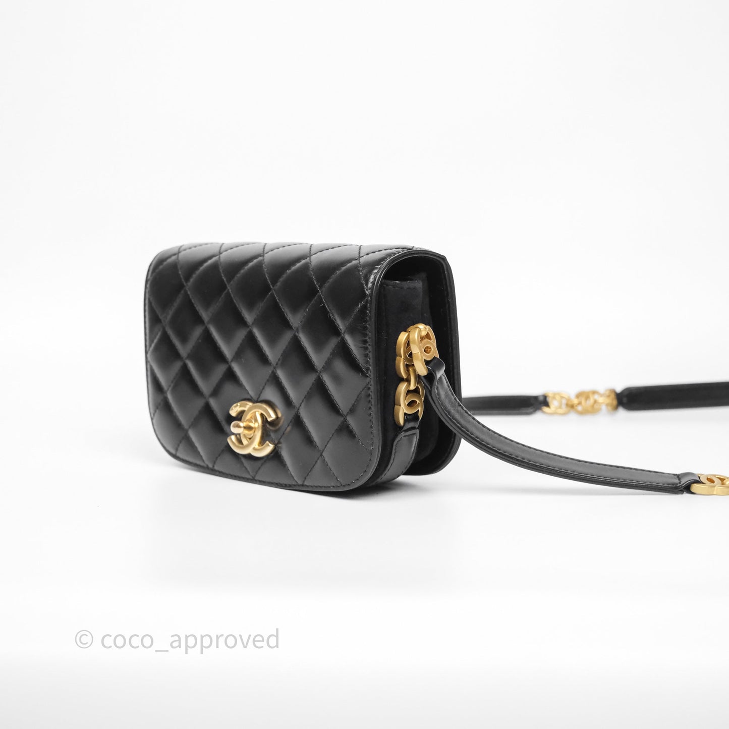 Chanel Quilted Mini Messenger with CC Logo Strap Black Shiny Calfskin/ Suede Goatskin Aged Gold Hardware