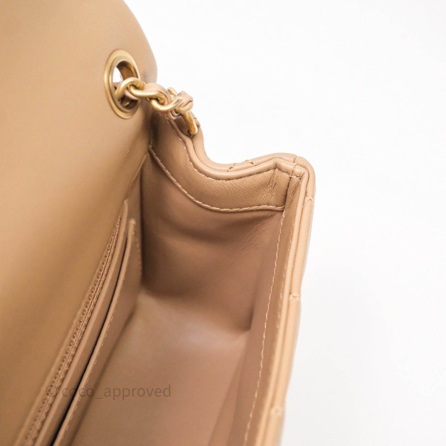 Chanel Mini Rectangular Pearl Crush Quilted Dark Beige Lambskin Aged Gold Hardware