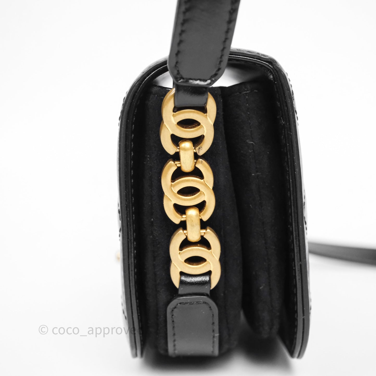 Chanel Quilted Mini Messenger with CC Logo Strap Black Shiny Calfskin/ Suede Goatskin Aged Gold Hardware
