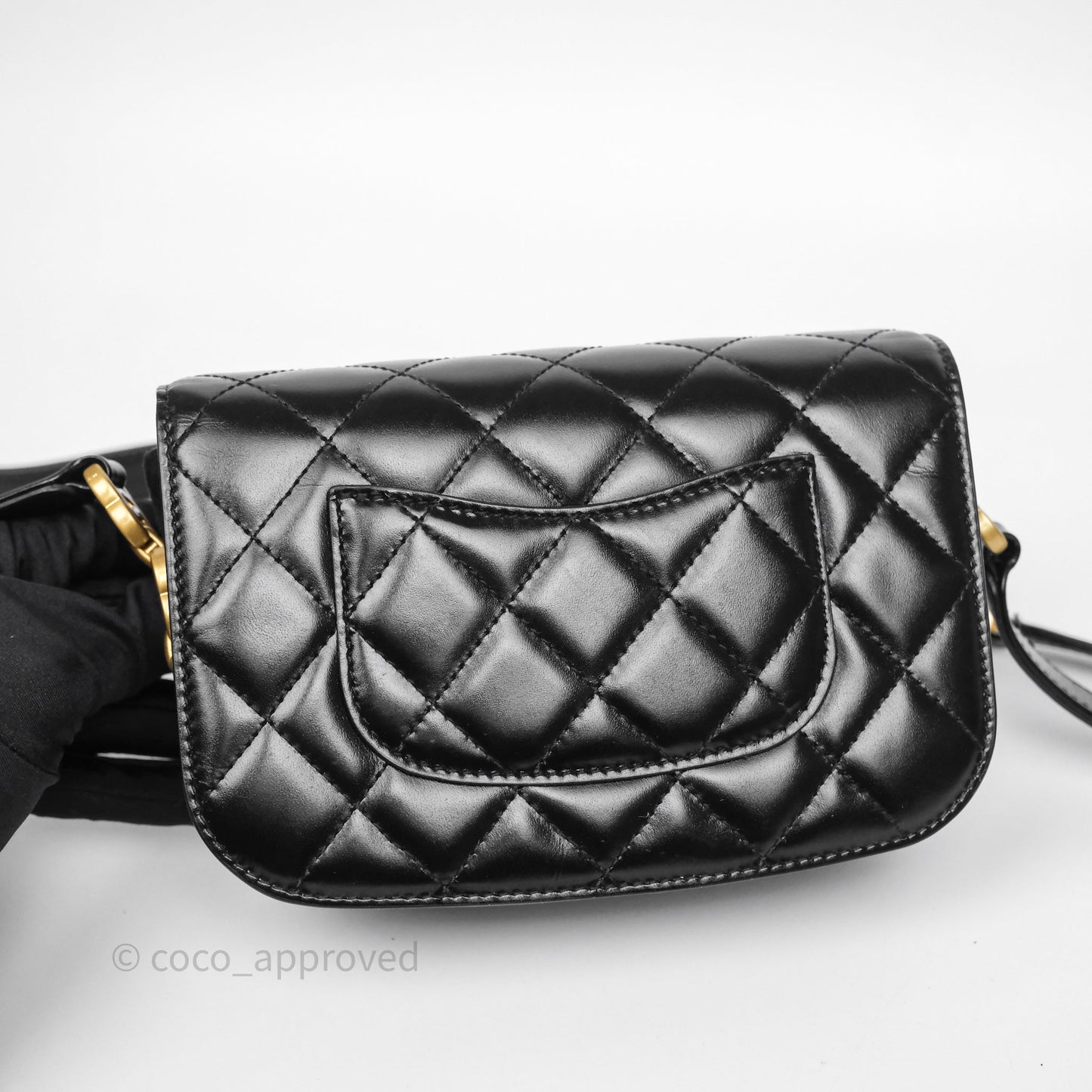 Chanel Quilted Mini Messenger with CC Logo Strap Black Shiny Calfskin/ Suede Goatskin Aged Gold Hardware
