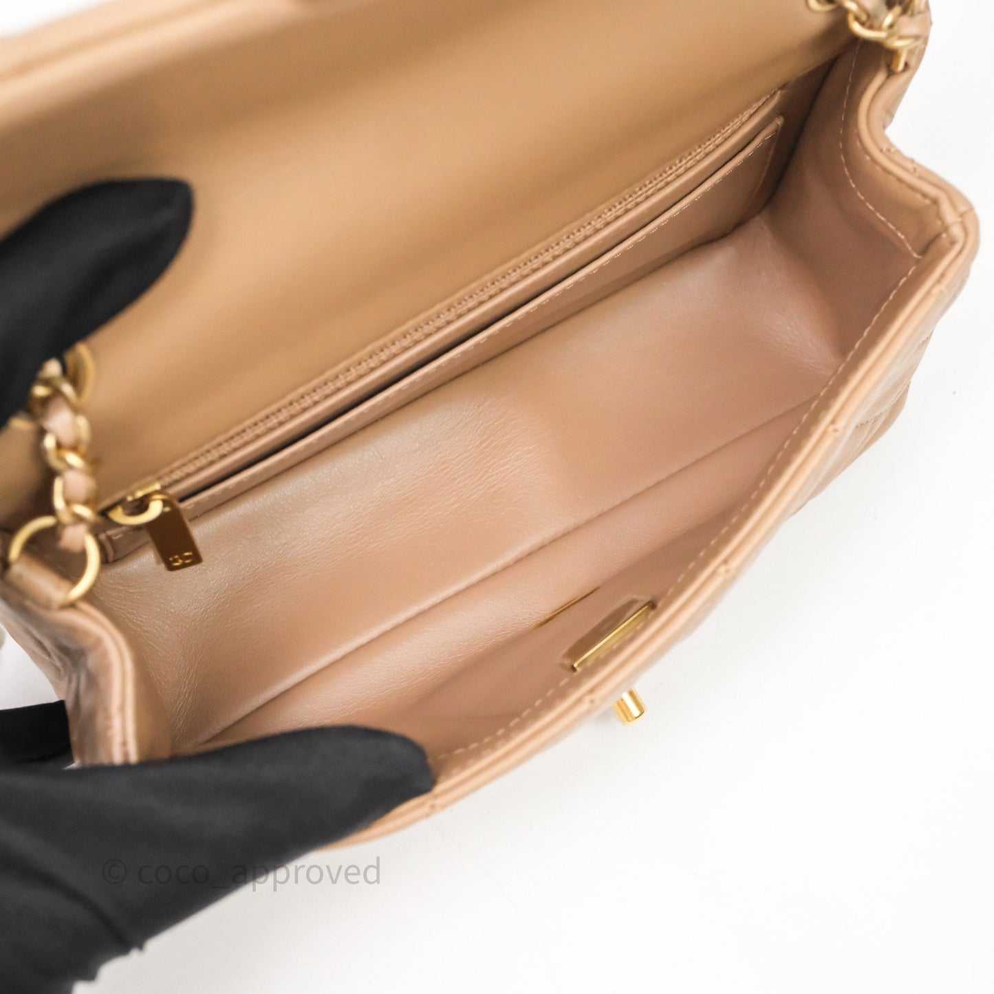 Chanel Mini Rectangular Pearl Crush Quilted Dark Beige Lambskin Aged Gold Hardware