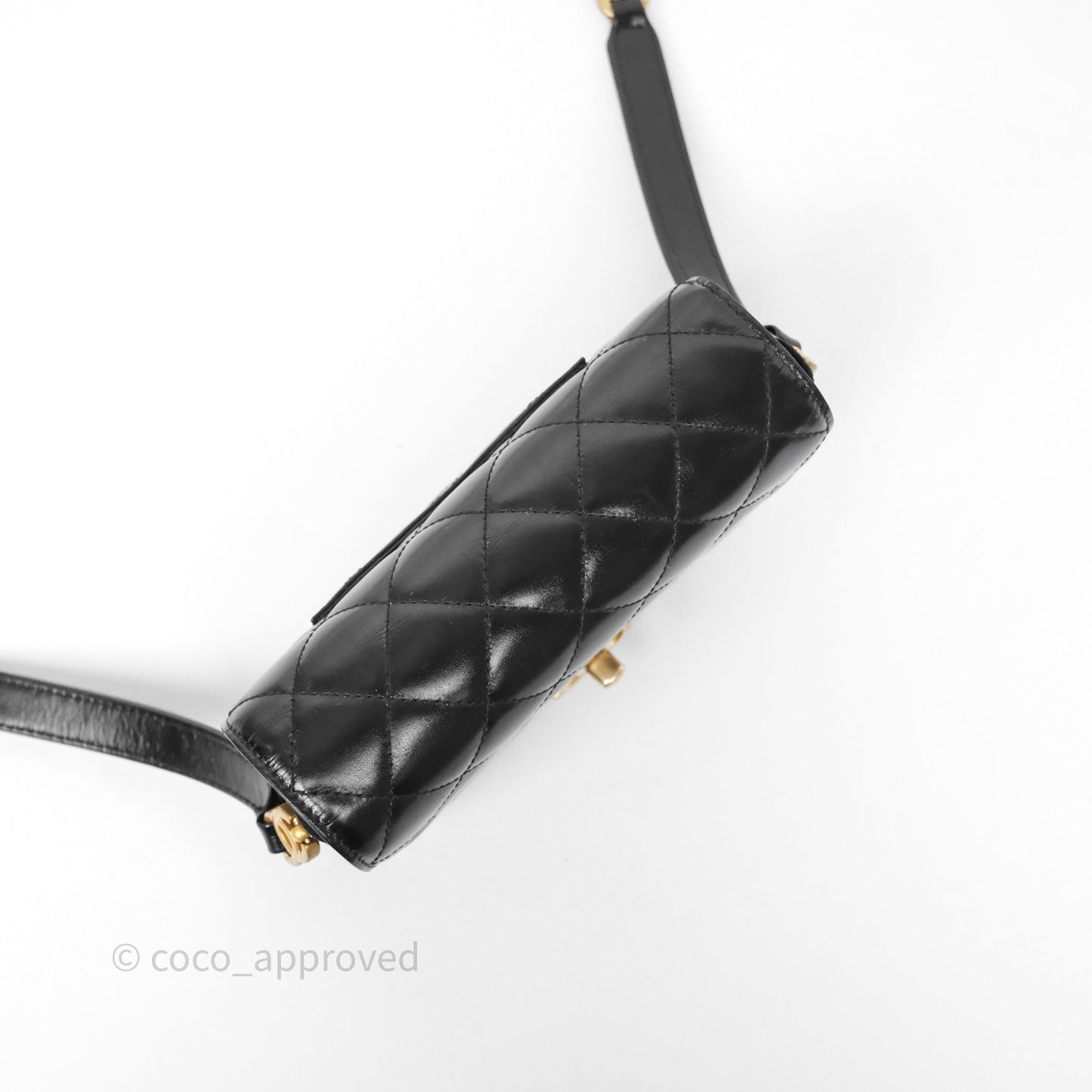 Chanel Quilted Mini Messenger with CC Logo Strap Black Shiny Calfskin/ Suede Goatskin Aged Gold Hardware