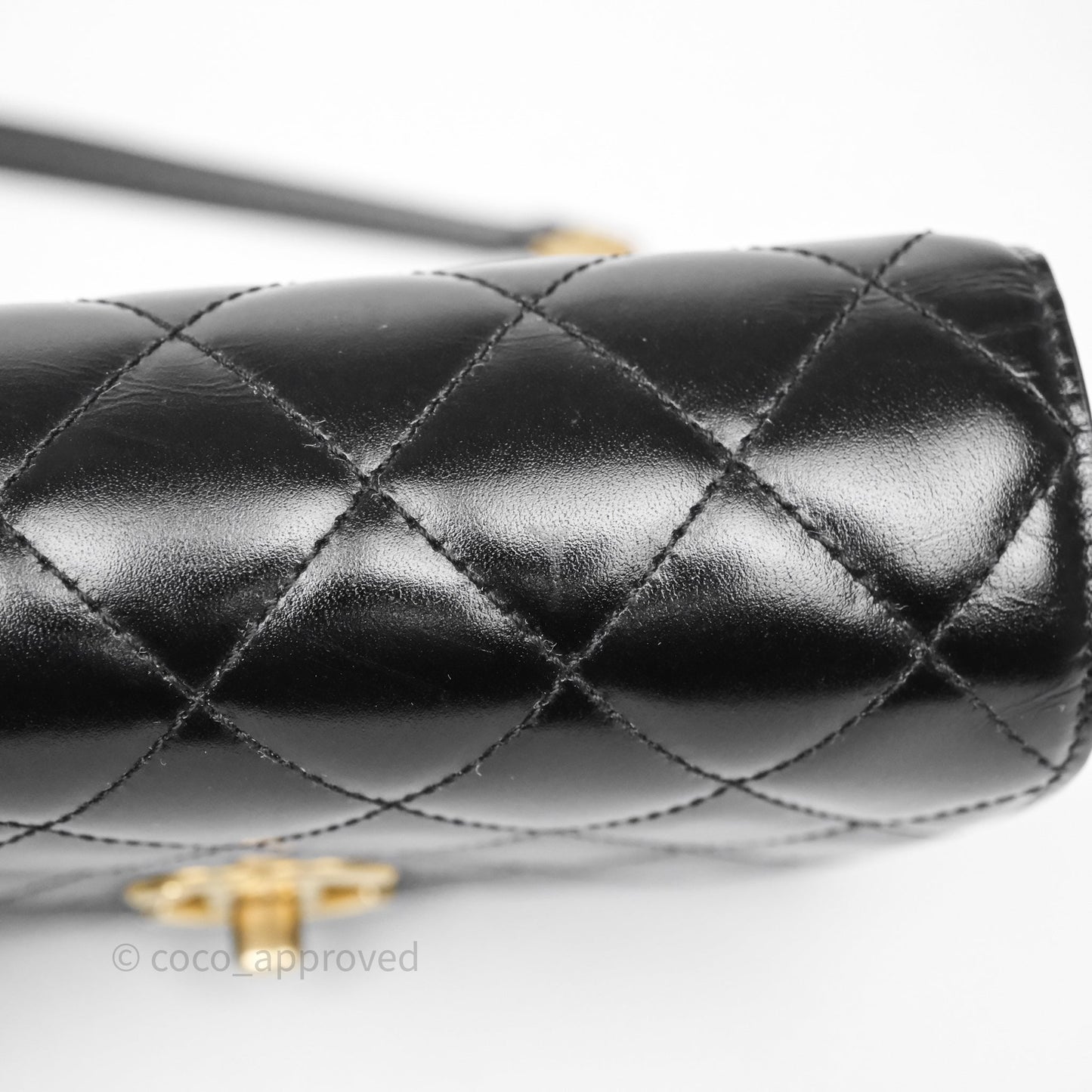 Chanel Quilted Mini Messenger with CC Logo Strap Black Shiny Calfskin/ Suede Goatskin Aged Gold Hardware