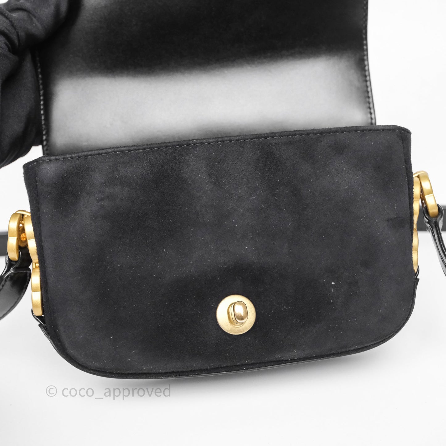 Chanel Quilted Mini Messenger with CC Logo Strap Black Shiny Calfskin/ Suede Goatskin Aged Gold Hardware