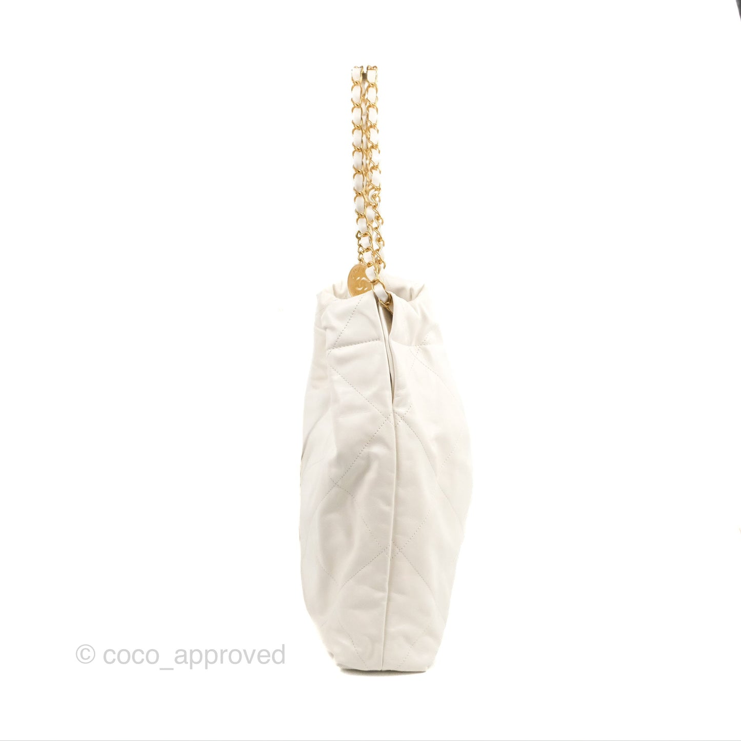 Chanel 22 Medium White Black Logo Aged Calfskin Aged Gold Hardware
