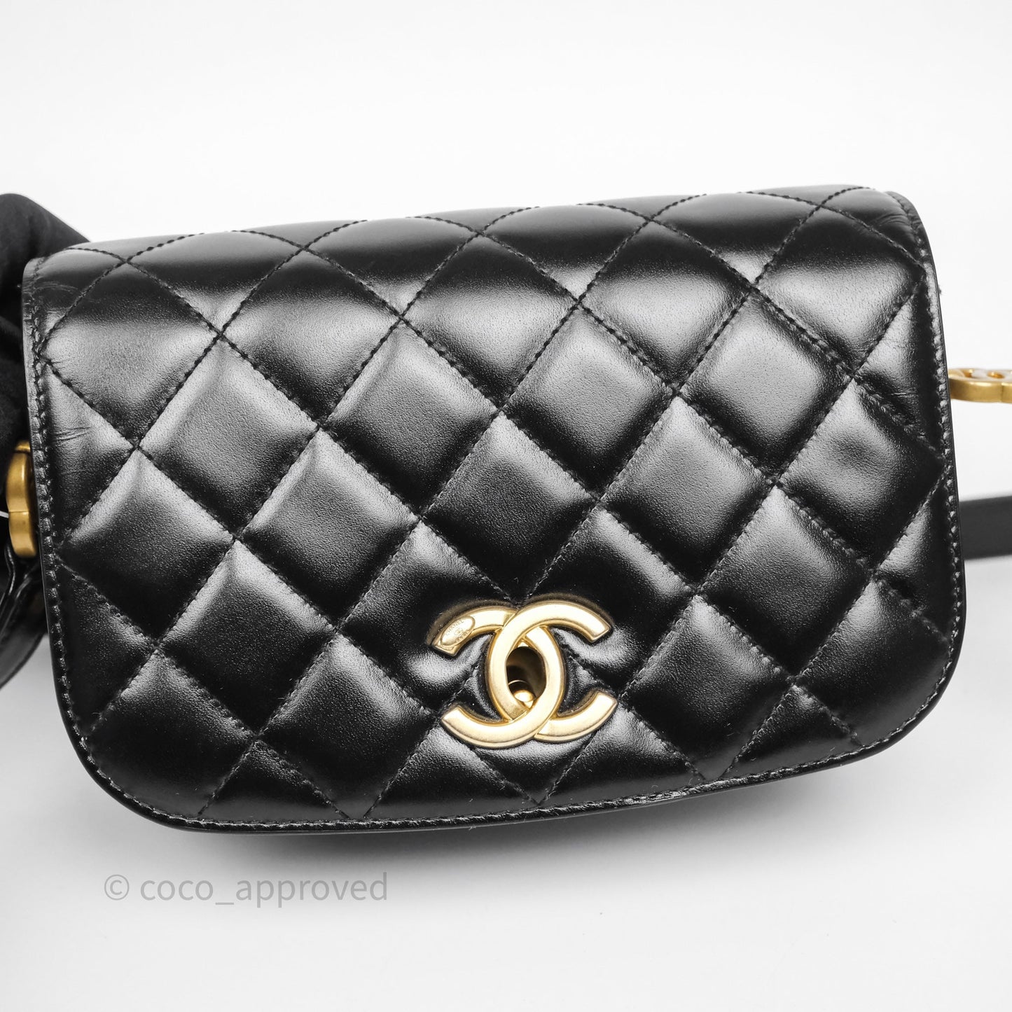 Chanel Quilted Mini Messenger with CC Logo Strap Black Shiny Calfskin/ Suede Goatskin Aged Gold Hardware