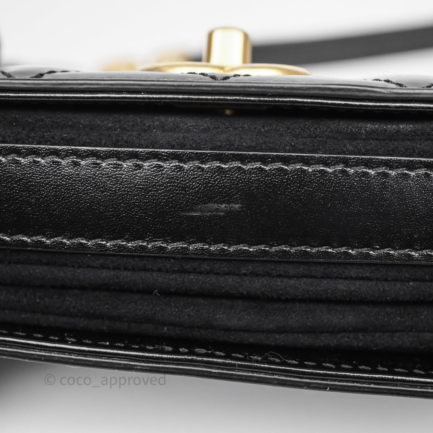 Chanel Quilted Mini Messenger with CC Logo Strap Black Shiny Calfskin/ Suede Goatskin Aged Gold Hardware