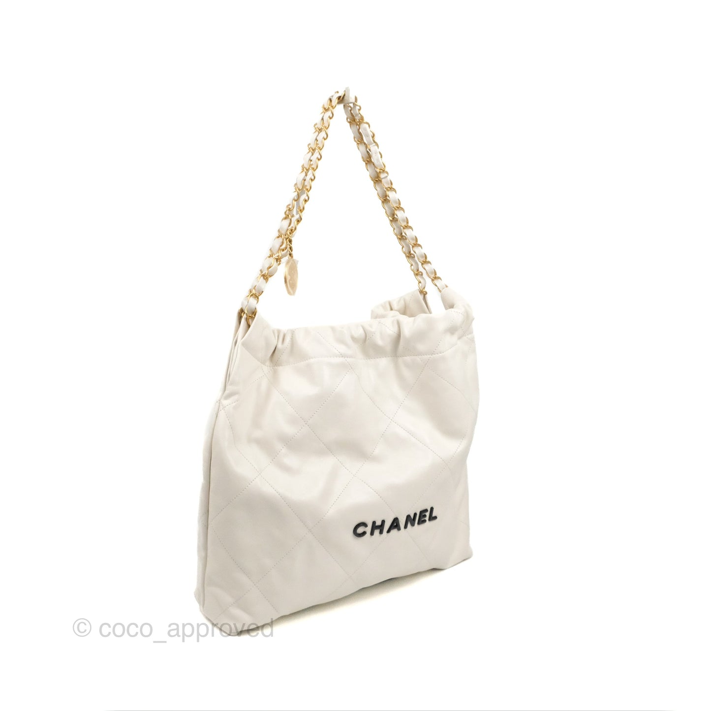 Chanel 22 Medium White Black Logo Aged Calfskin Aged Gold Hardware