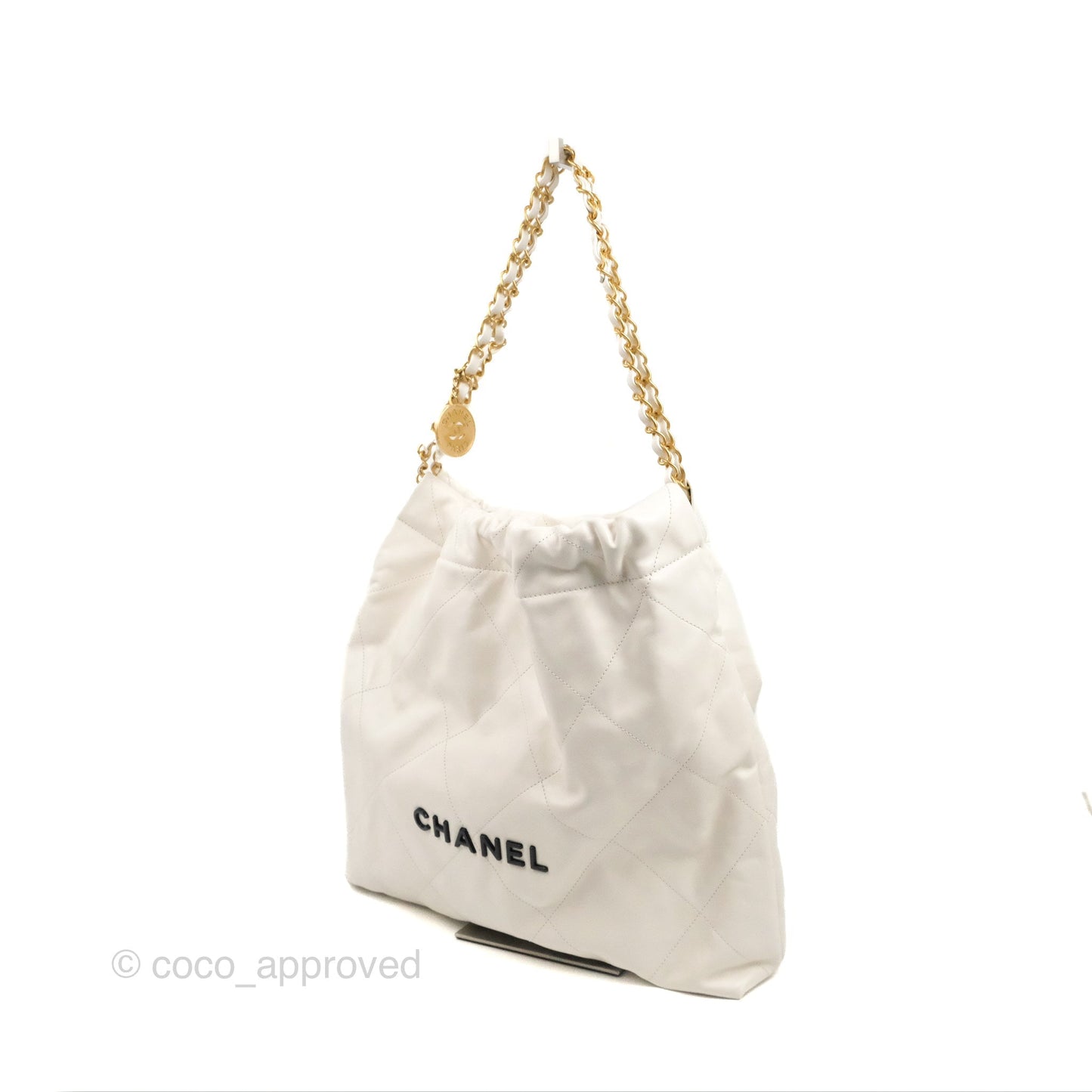 Chanel 22 Medium White Black Logo Aged Calfskin Aged Gold Hardware