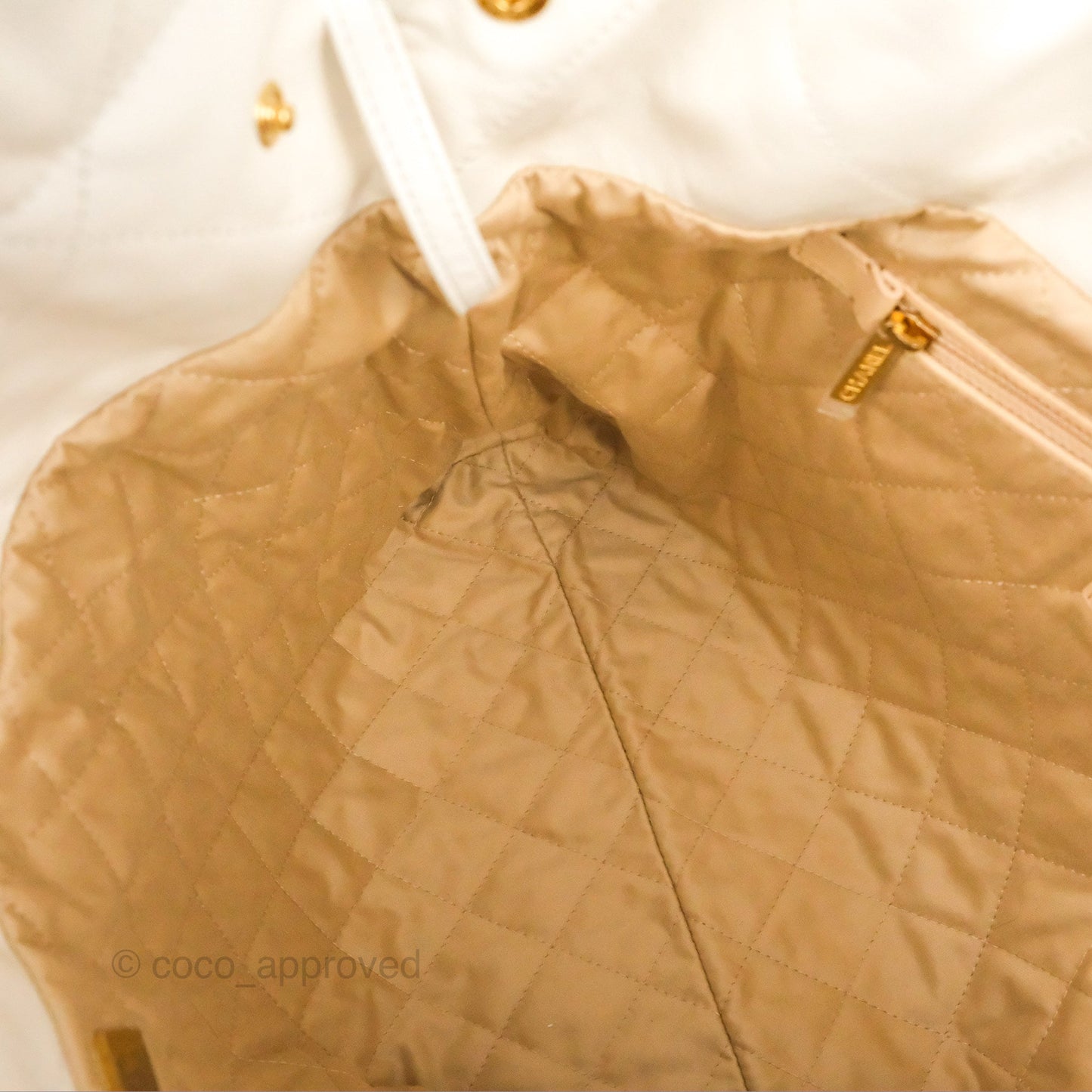 Chanel 22 Medium White Black Logo Aged Calfskin Aged Gold Hardware