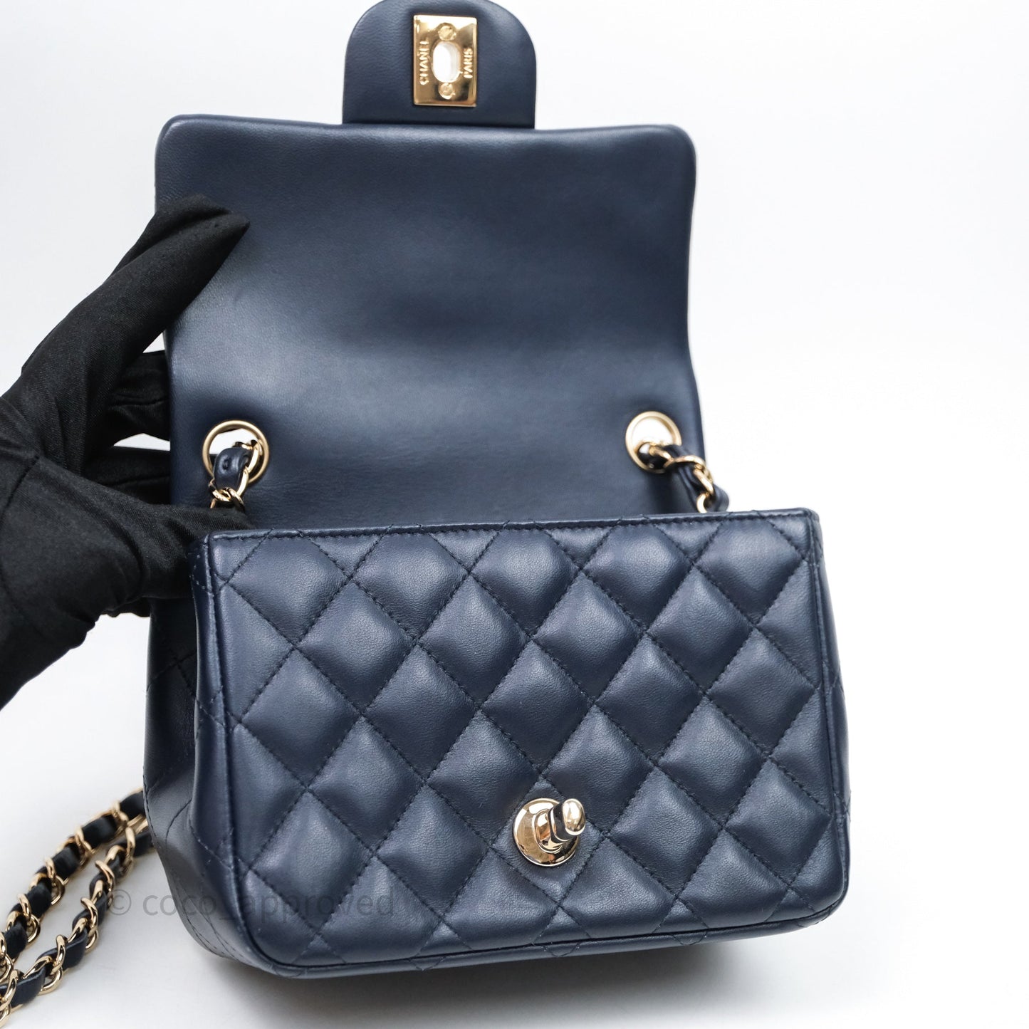 Chanel Quilted Mini Square Navy Lambskin Light Gold Hardware