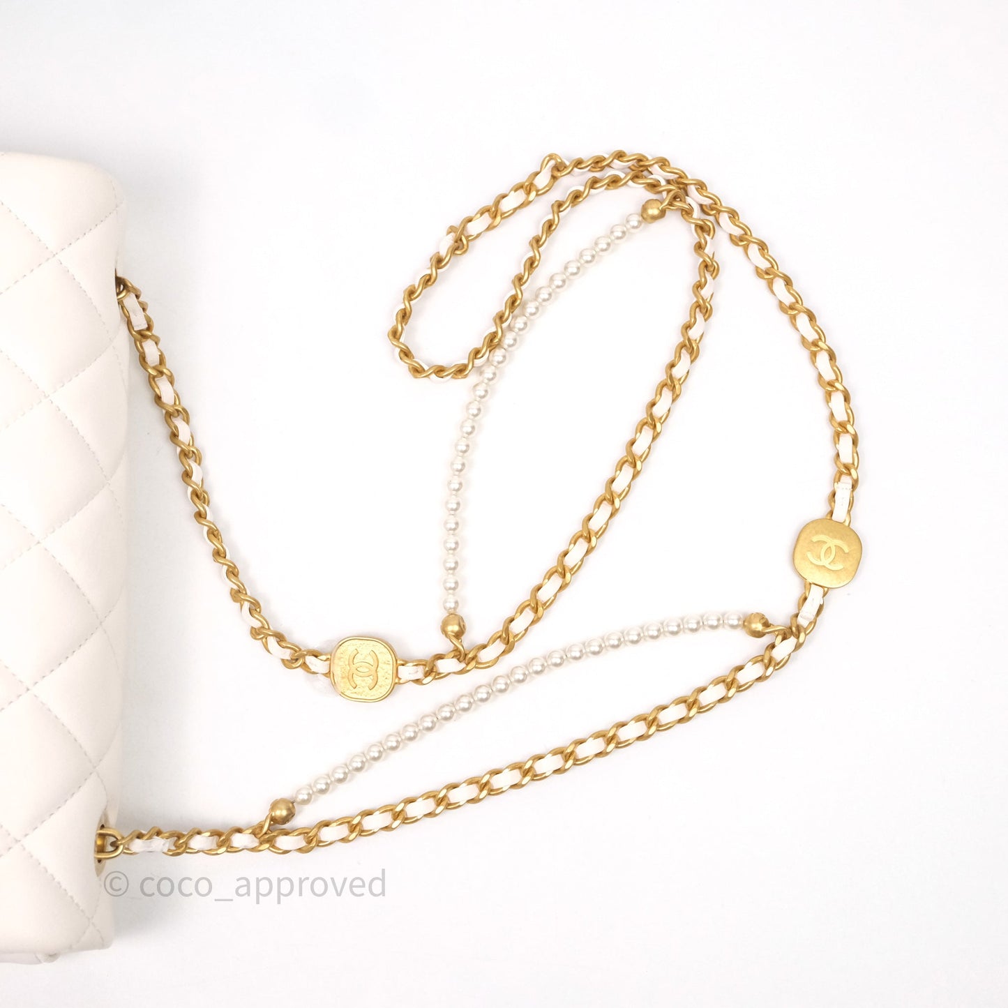 Chanel Flap Bag with Pearl Chain Ivory White Aged Gold Hardware 25P