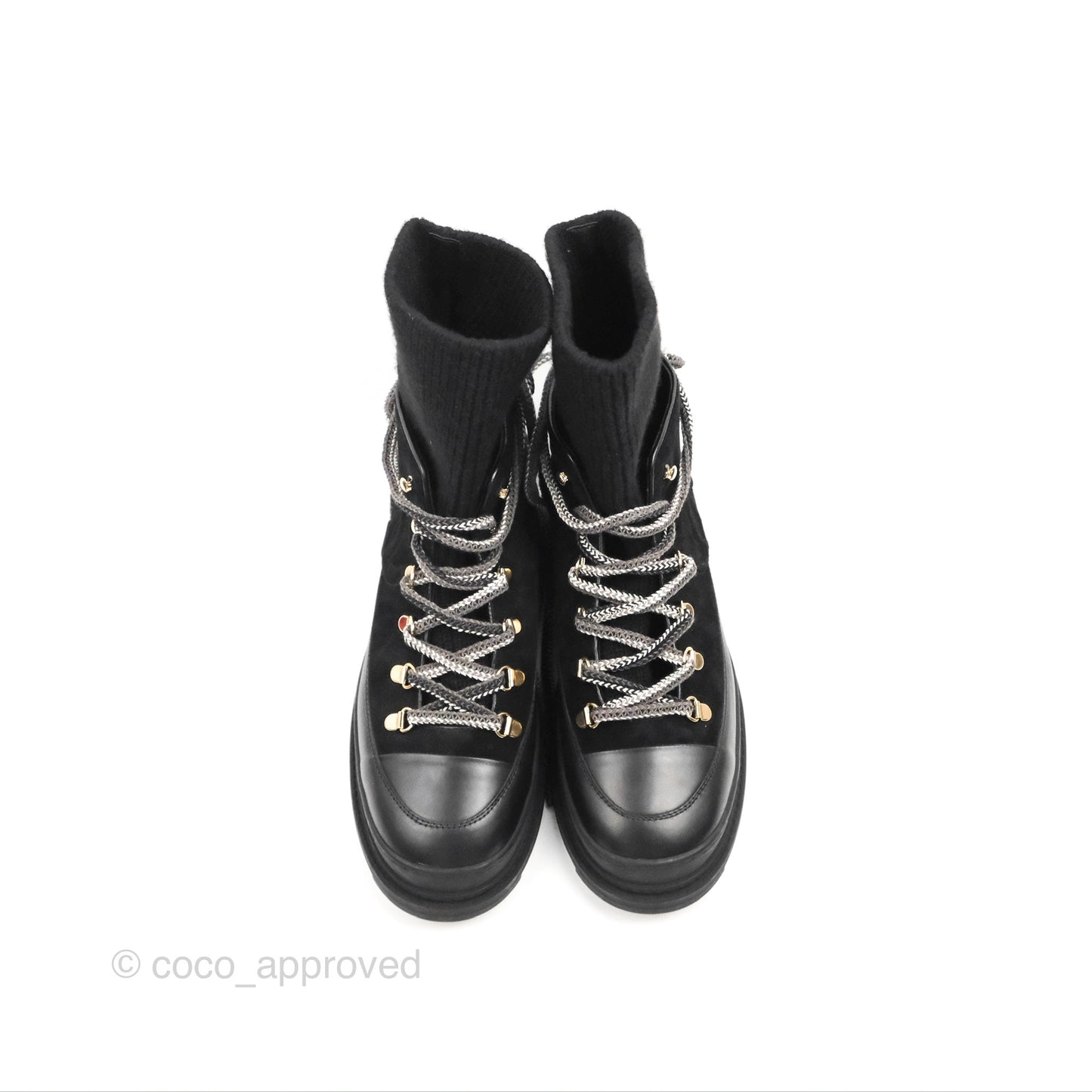 Chanel Knit Sock Lace Up Boots Black Suede/Leather Size 37.5
