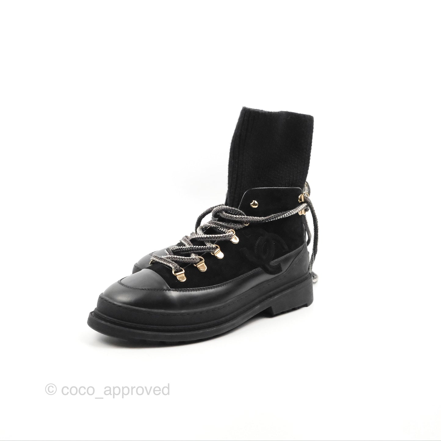 Chanel Knit Sock Lace Up Boots Black Suede/Leather Size 37.5