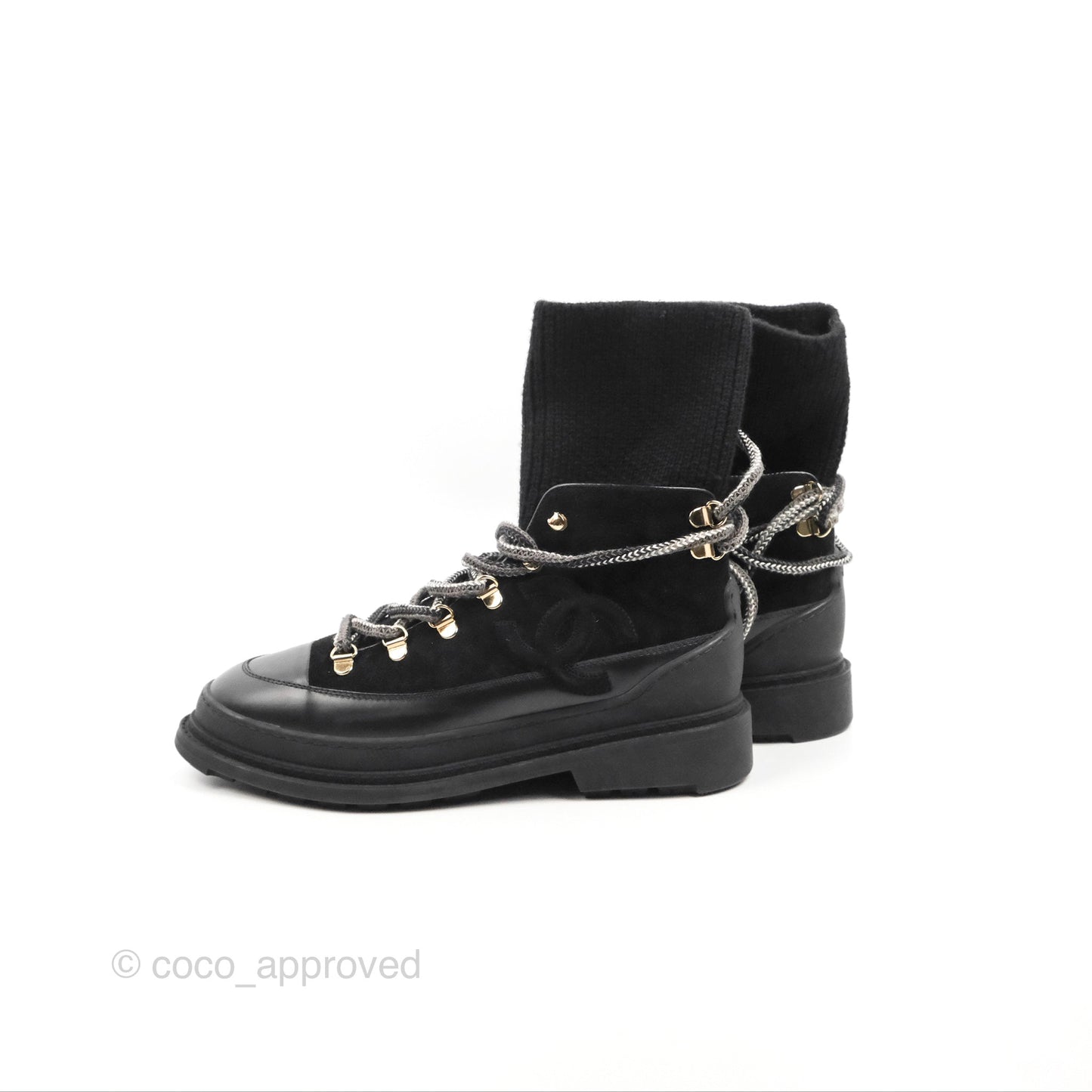 Chanel Knit Sock Lace Up Boots Black Suede/Leather Size 37.5