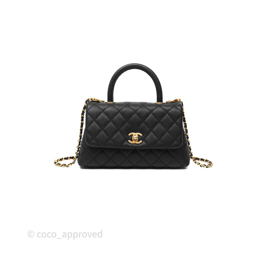 Chanel Small Coco Handle Quilted Black Caviar Aged Gold Hardware Lizard Handle
