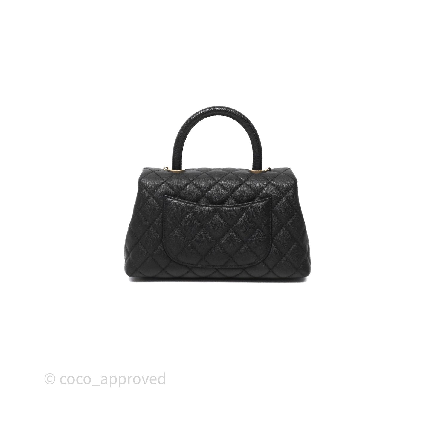 Chanel Small Coco Handle Quilted Black Caviar Aged Gold Hardware Lizard Handle
