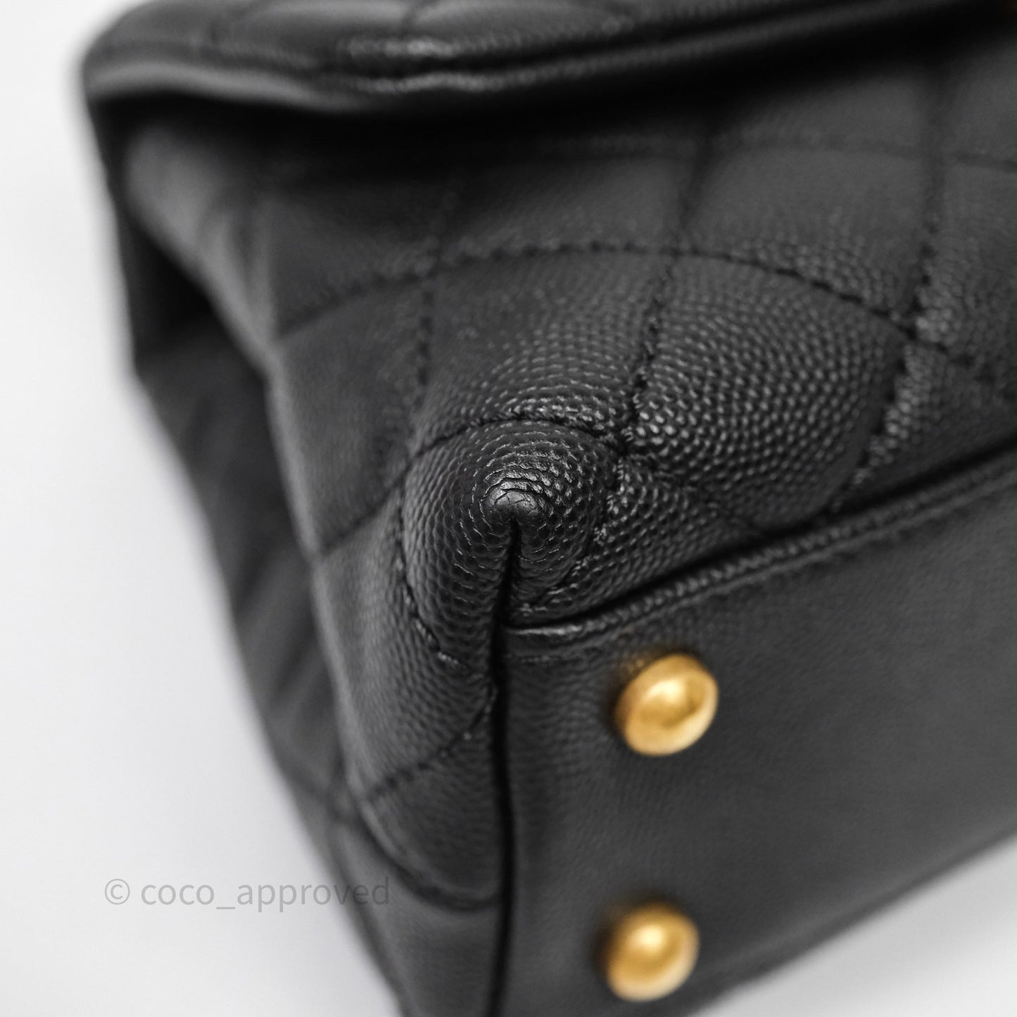 Chanel Small Coco Handle Quilted Black Caviar Aged Gold Hardware Lizard Handle