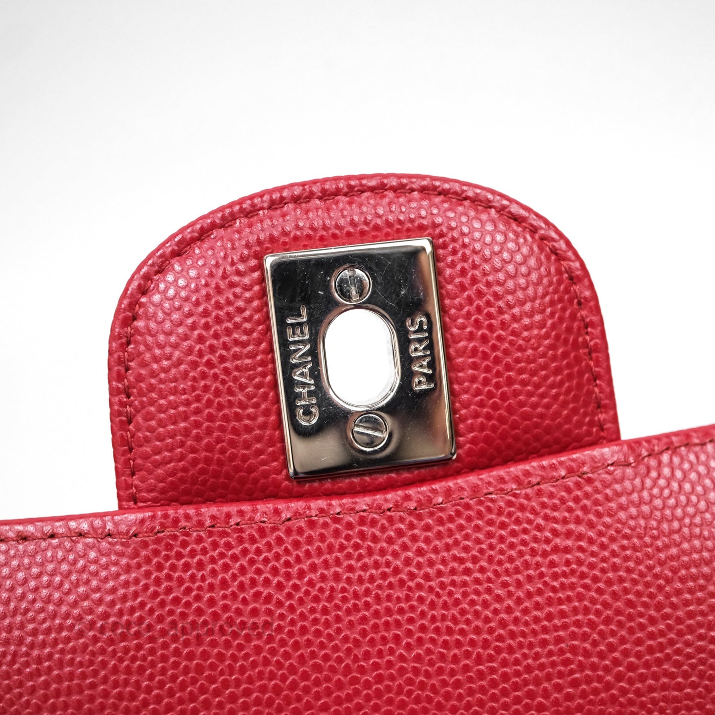 Chanel Mini Square Chervon Red Caviar Silver Hardware