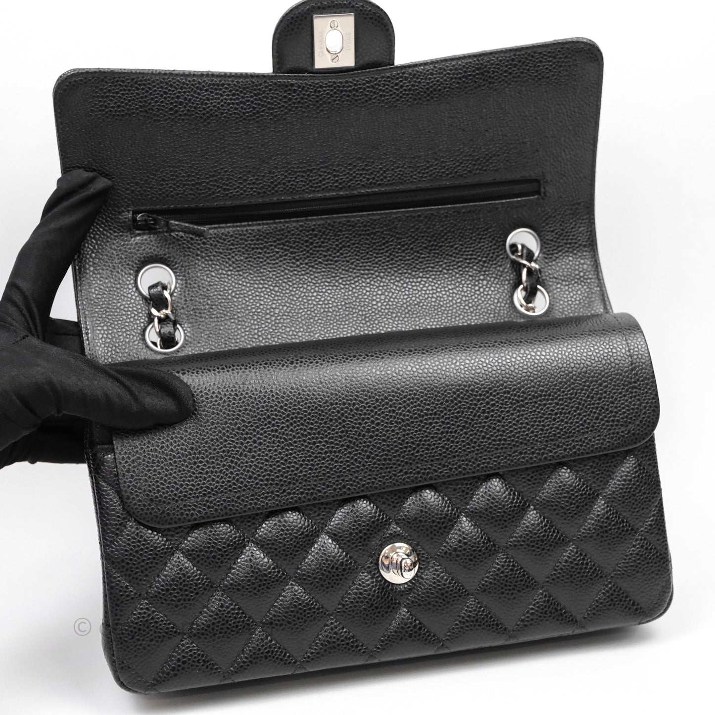 Chanel Classic M/L Medium Flap Quilted Black Caviar Silver Hardware