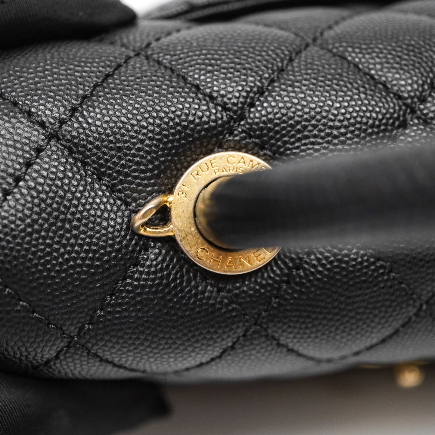 Chanel Small Coco Handle Quilted Black Caviar Aged Gold Hardware Lizard Handle