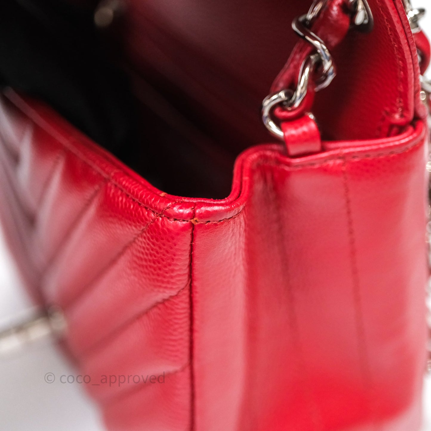Chanel Mini Square Chervon Red Caviar Silver Hardware