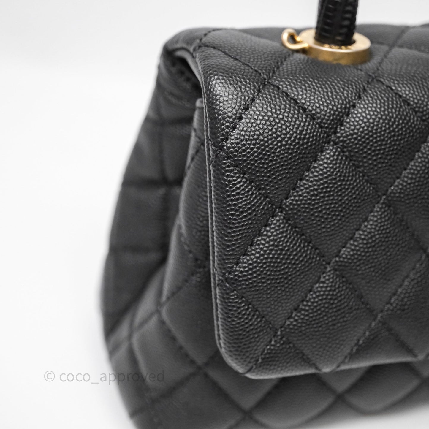 Chanel Small Coco Handle Quilted Black Caviar Aged Gold Hardware Lizard Handle