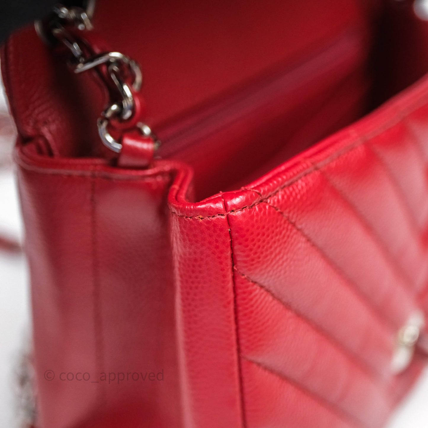 Chanel Mini Square Chervon Red Caviar Silver Hardware