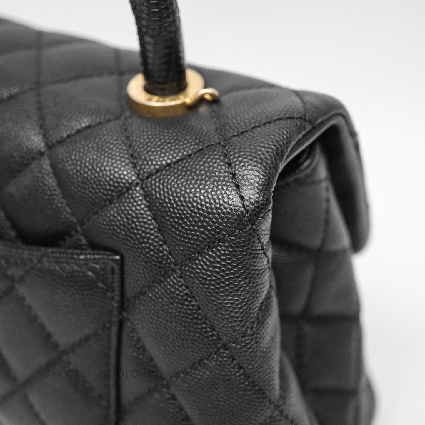 Chanel Small Coco Handle Quilted Black Caviar Aged Gold Hardware Lizard Handle
