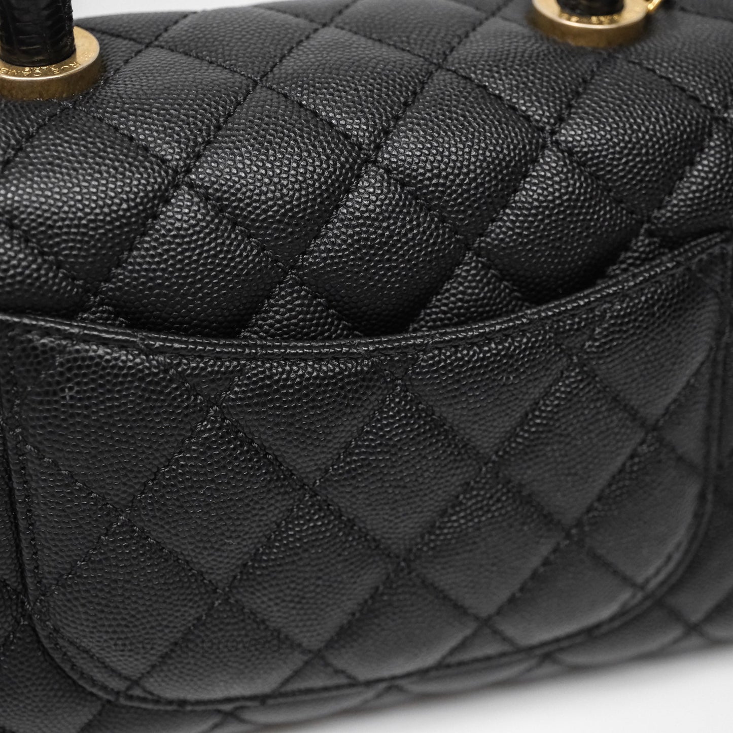 Chanel Small Coco Handle Quilted Black Caviar Aged Gold Hardware Lizard Handle