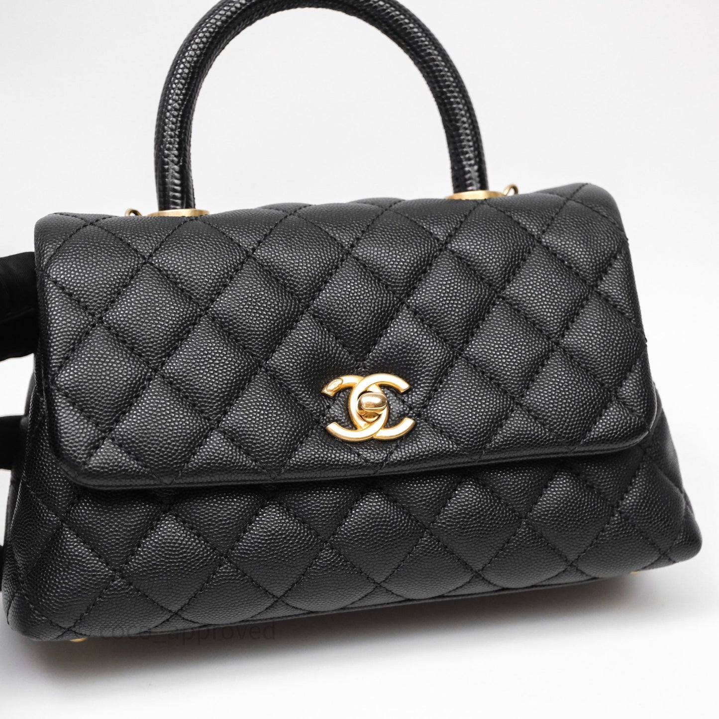 Chanel Small Coco Handle Quilted Black Caviar Aged Gold Hardware Lizard Handle