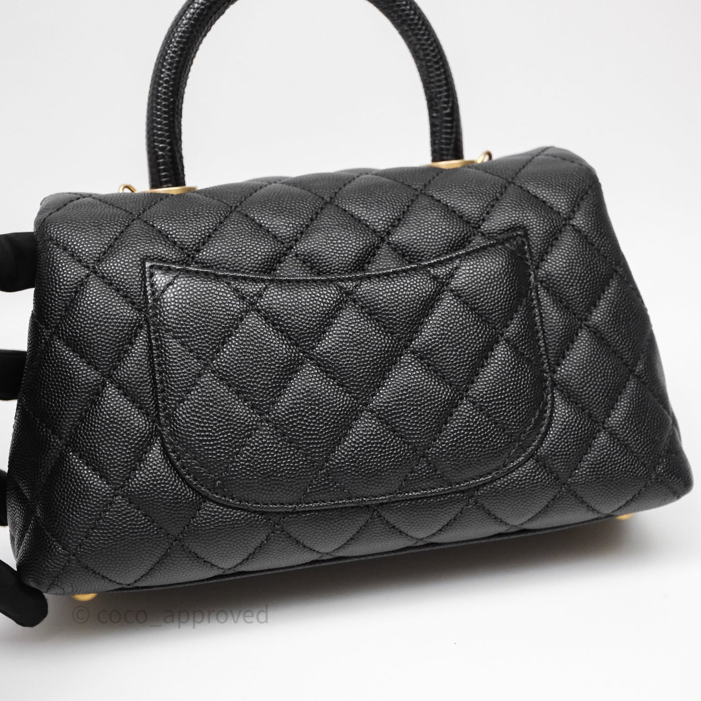 Chanel Small Coco Handle Quilted Black Caviar Aged Gold Hardware Lizard Handle
