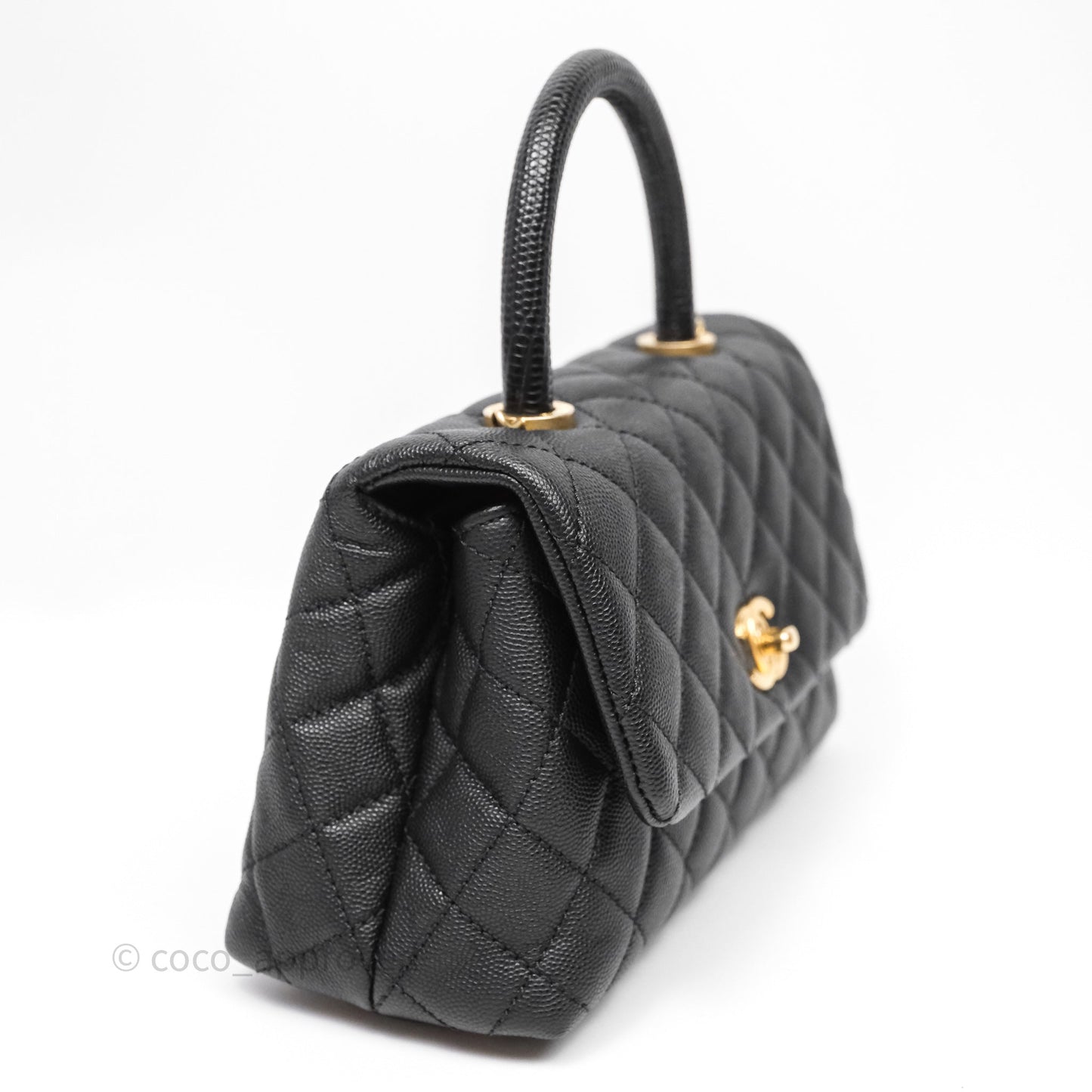 Chanel Small Coco Handle Quilted Black Caviar Aged Gold Hardware Lizard Handle
