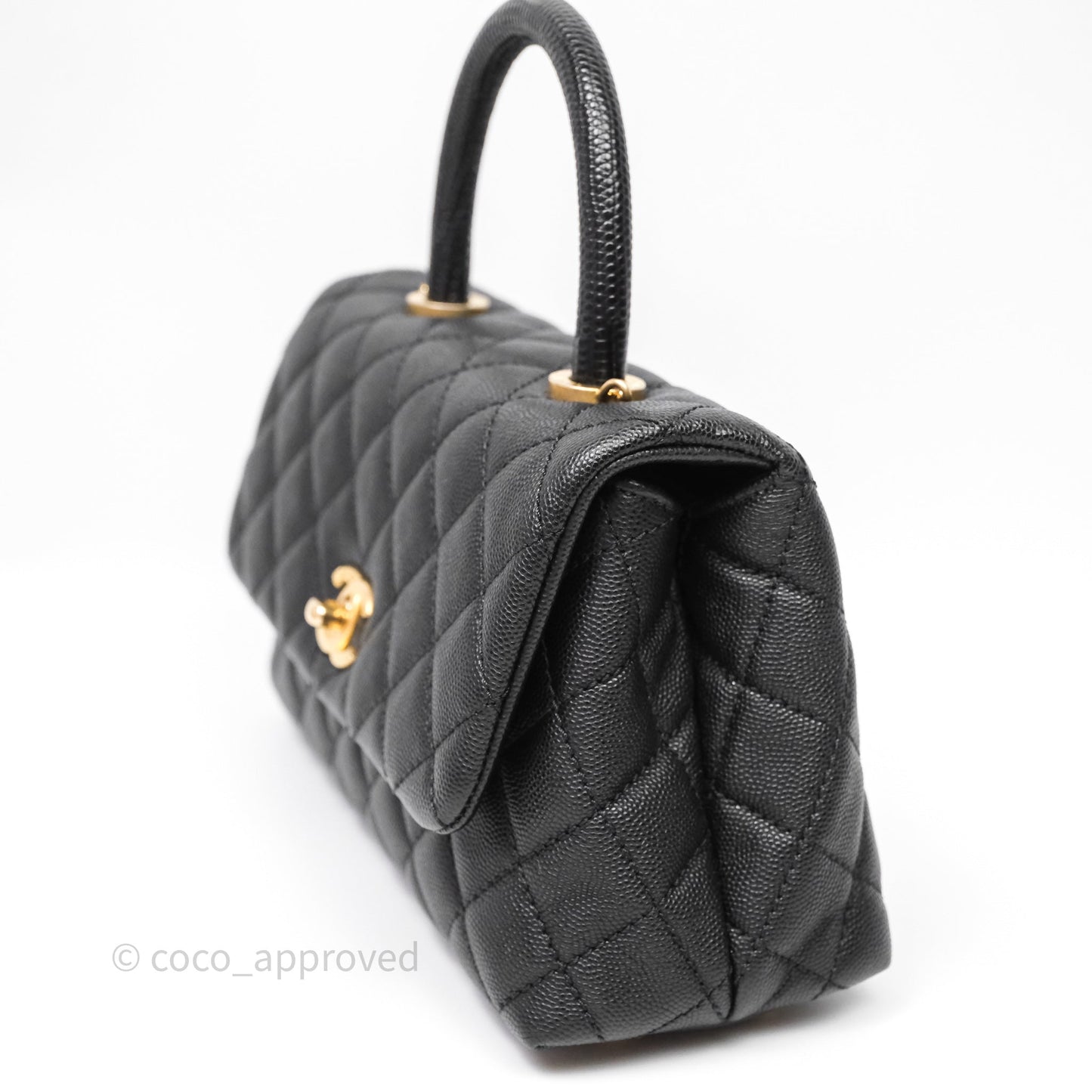 Chanel Small Coco Handle Quilted Black Caviar Aged Gold Hardware Lizard Handle